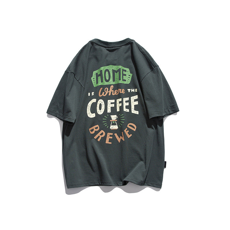 Letter Fun Coffee Cup Printed Short sleeved T-shirt for Men