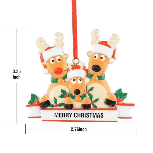 Personalized Reindeer Family Christmas Ornament with Merry Christmas text, resin decoration for holiday gift.