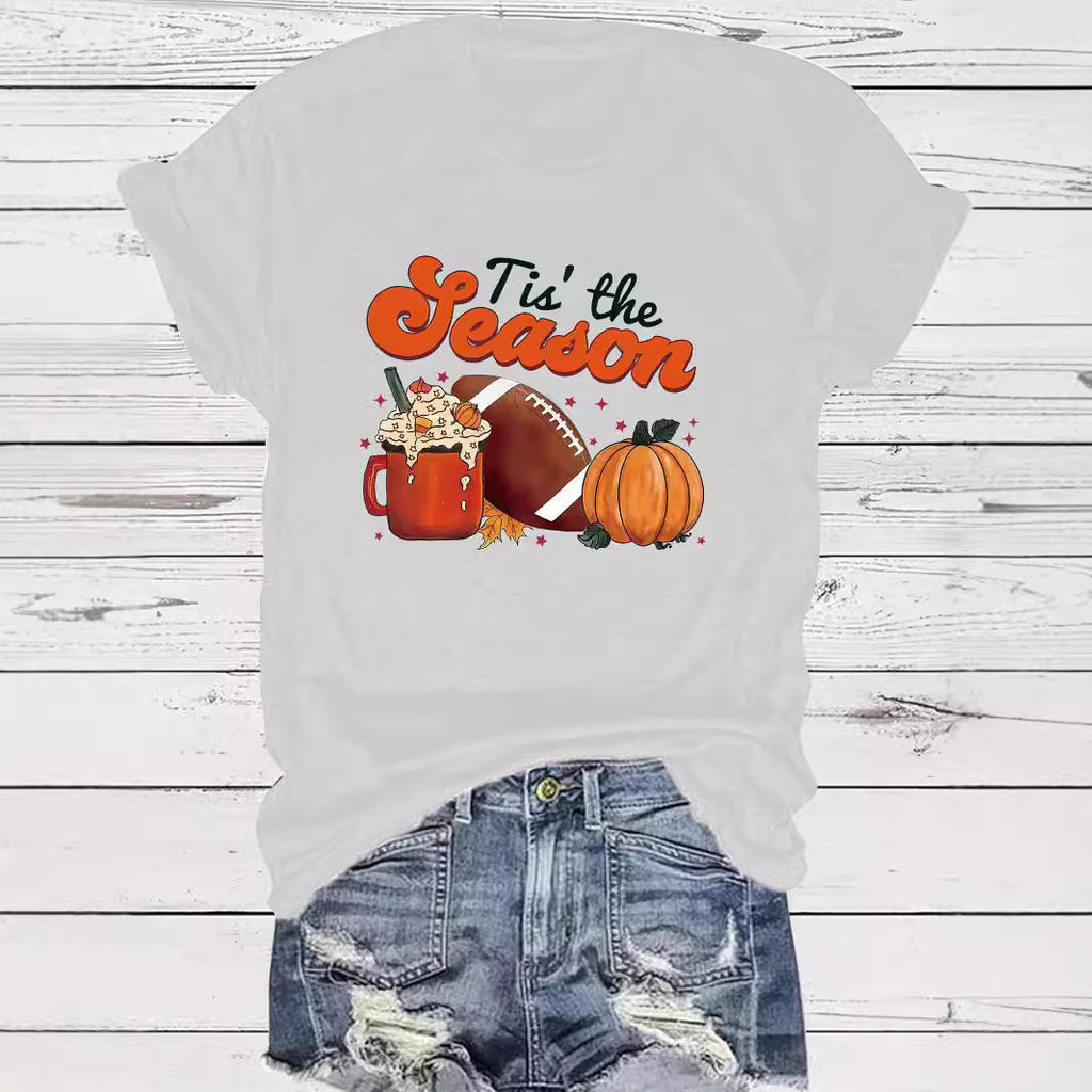 Pumpkin baseball coffee print round neck short sleeved shirt