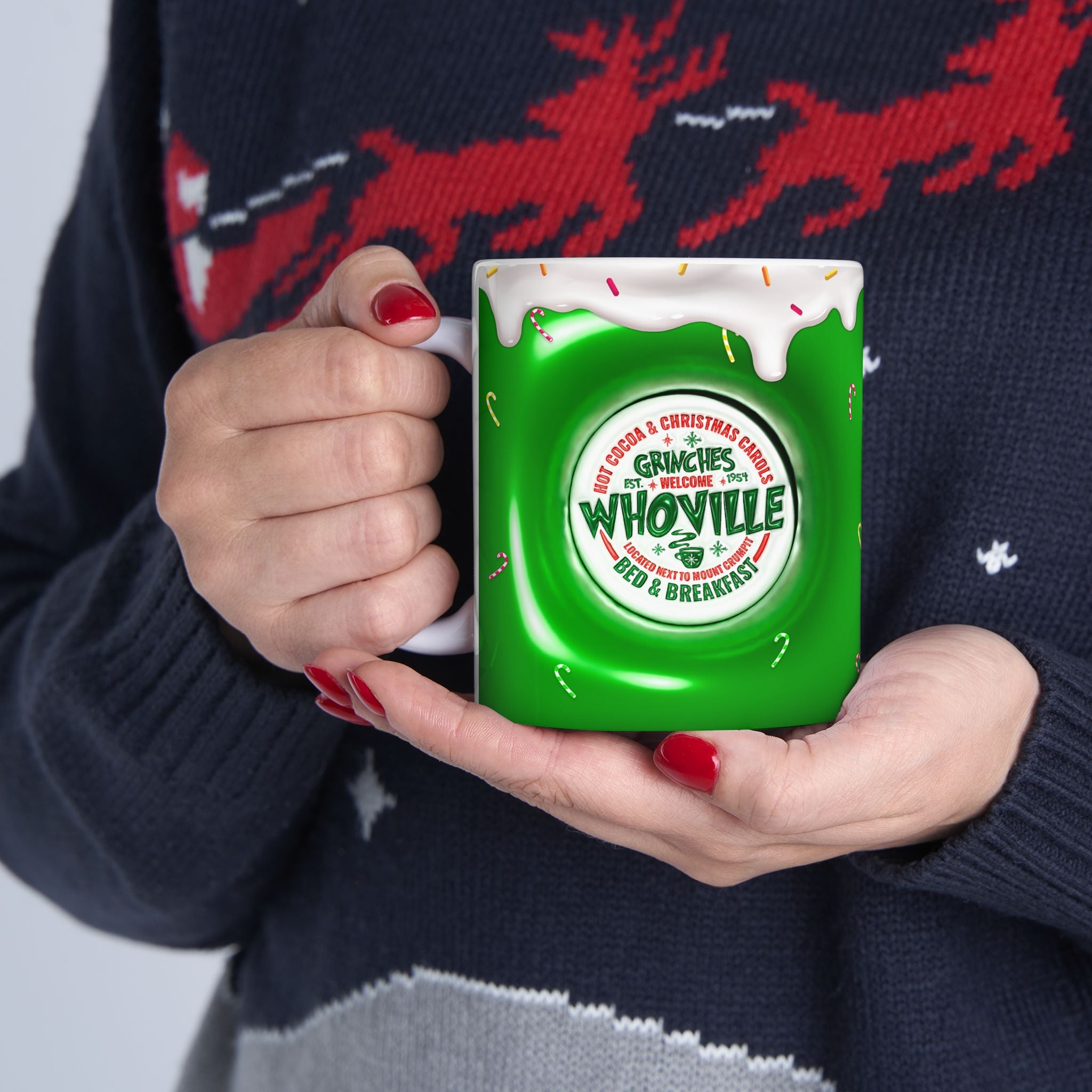 Whoville Christmas Dripping Frosting Mug | Holiday Green Candy Cane Ceramic Mug