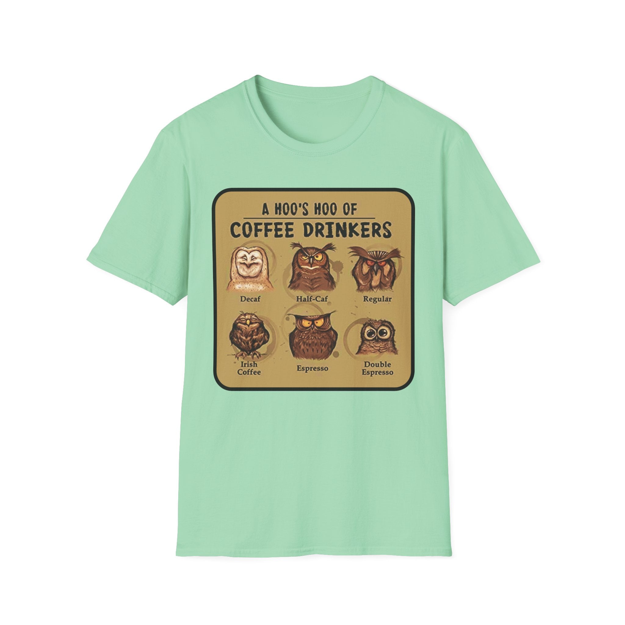 Coffee Owl Types T-Shirt | A Hoo's Hoo of Coffee Drinkers