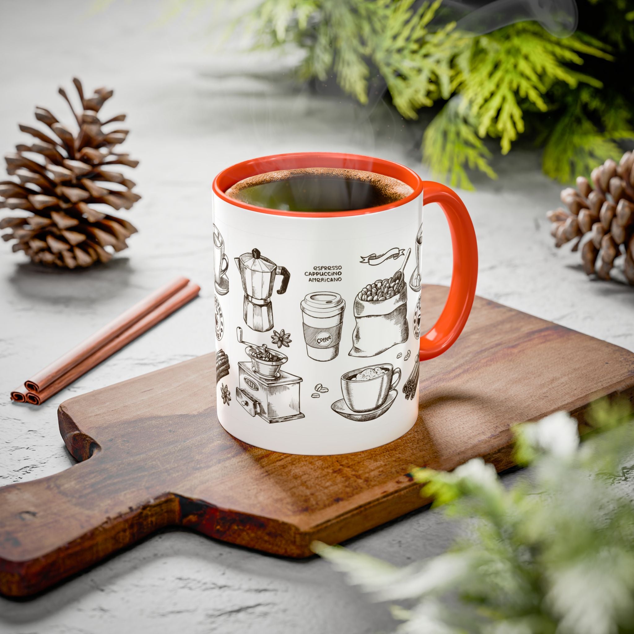 Coffee Pattern Mug — Illustrated Coffee Beans & Brewing Tools (11oz/15oz)