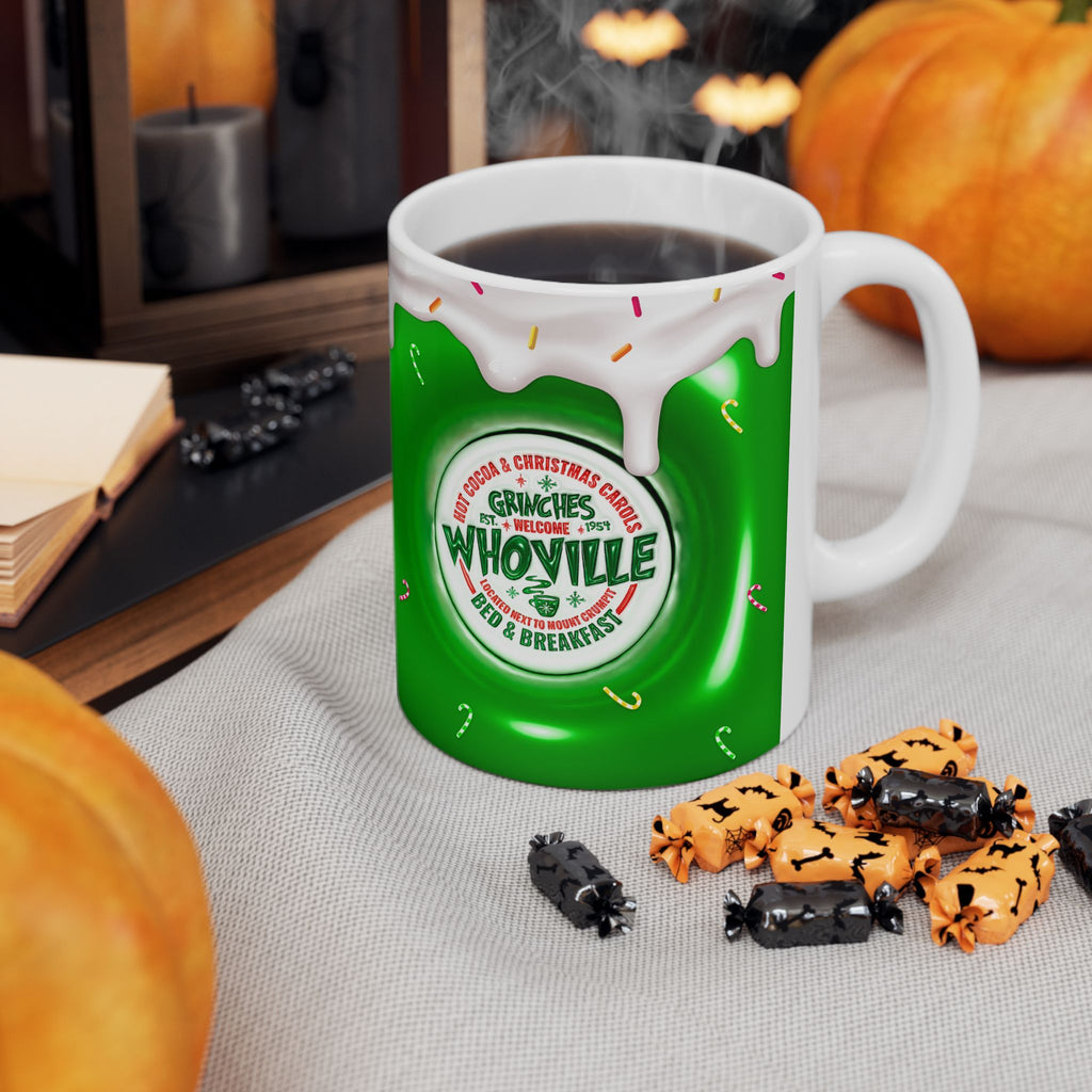 Whoville Christmas Dripping Frosting Mug | Holiday Green Candy Cane Ceramic Mug