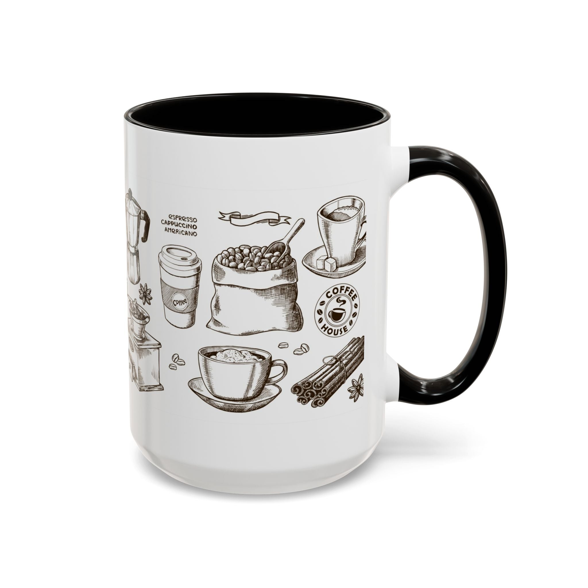 Coffee Pattern Mug — Illustrated Coffee Beans & Brewing Tools (11oz/15oz)