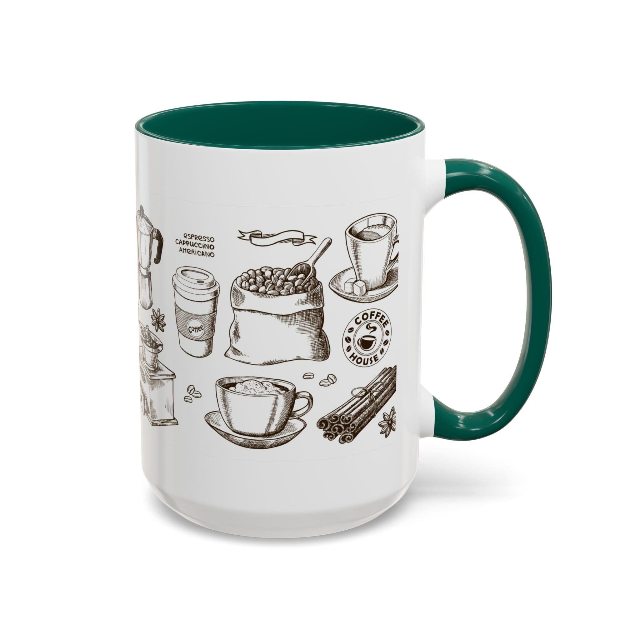 Coffee Pattern Mug — Illustrated Coffee Beans & Brewing Tools (11oz/15oz)