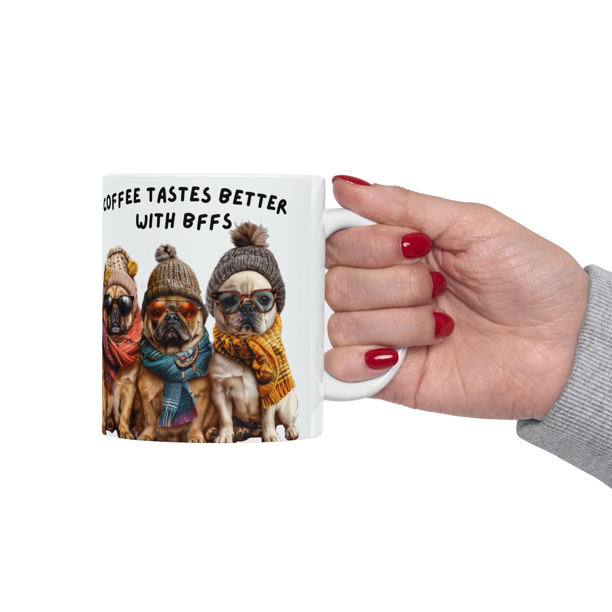 Coffee Mug — "Coffee Tastes Better With Pugs" Cute Pug Winter Beanie Ceramic Mug (11oz, 15oz)