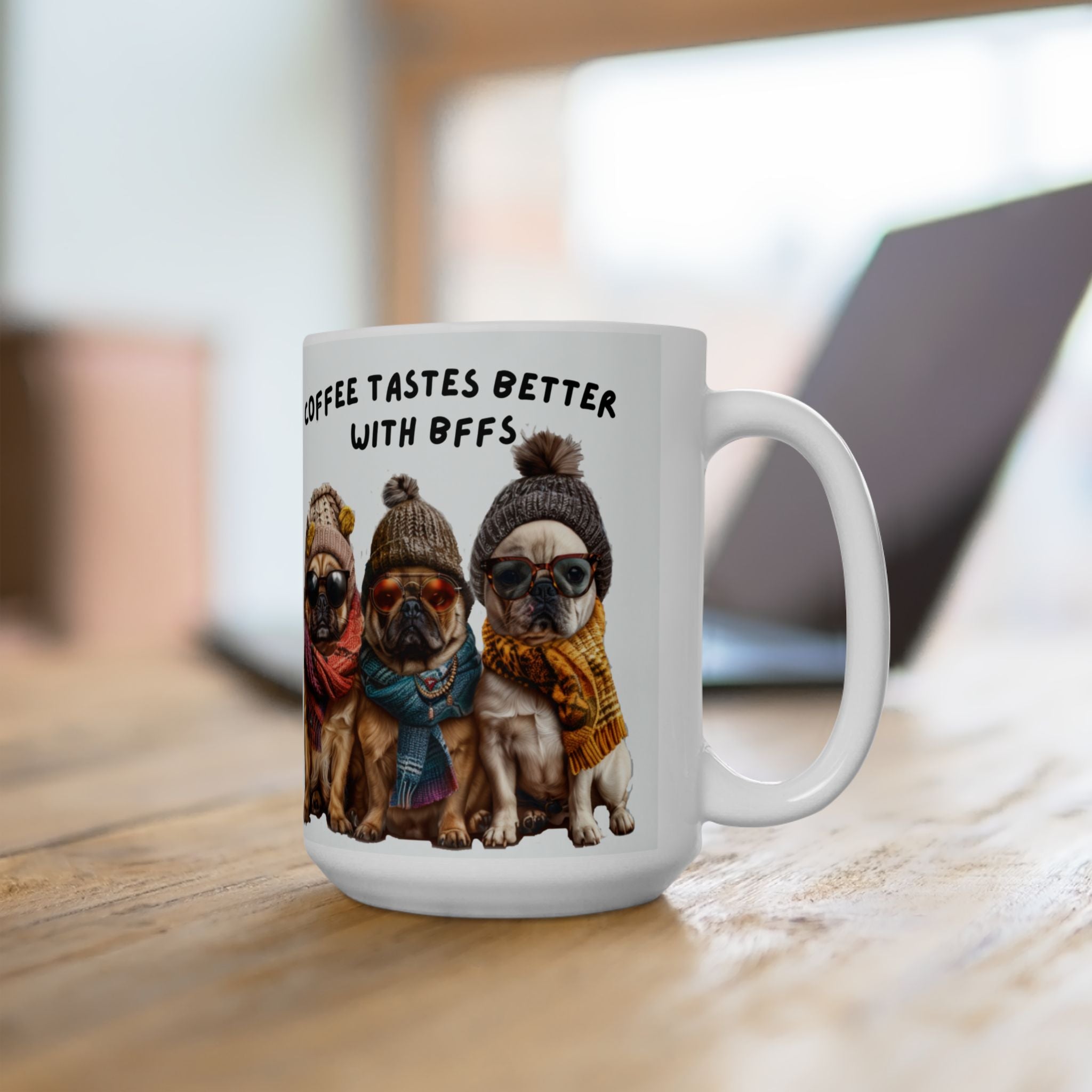 Coffee Mug — "Coffee Tastes Better With Pugs" Cute Pug Winter Beanie Ceramic Mug (11oz, 15oz)