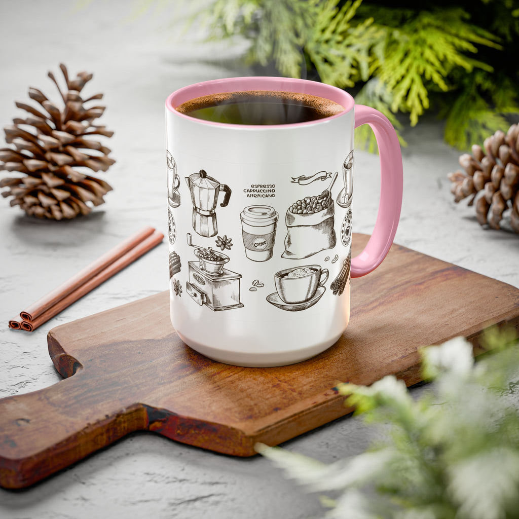 Coffee Pattern Mug — Illustrated Coffee Beans & Brewing Tools (11oz/15oz)