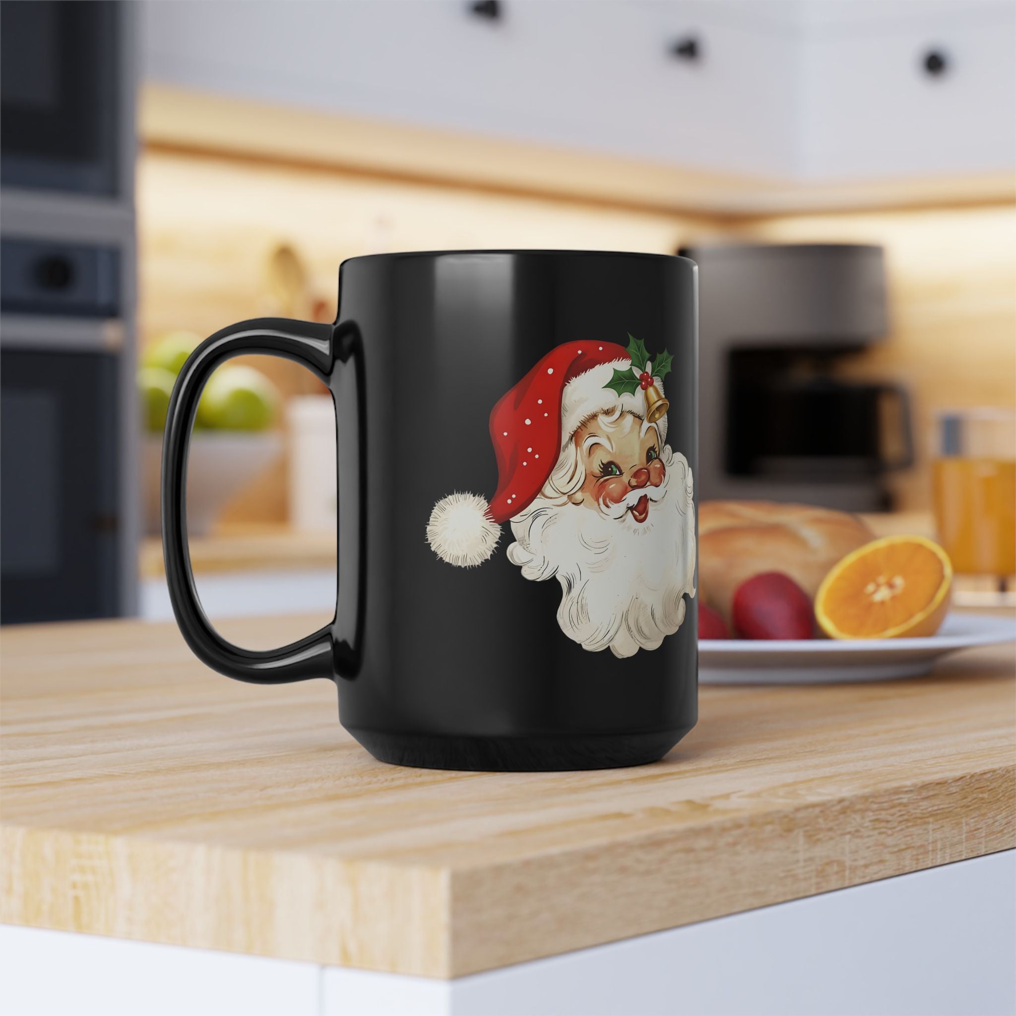Santa Claus Black Mug - Holiday Coffee Cup, Gift for Christmas, Cute Mug for Winter Celebrations, Festive Drinkware, Santa Face Design