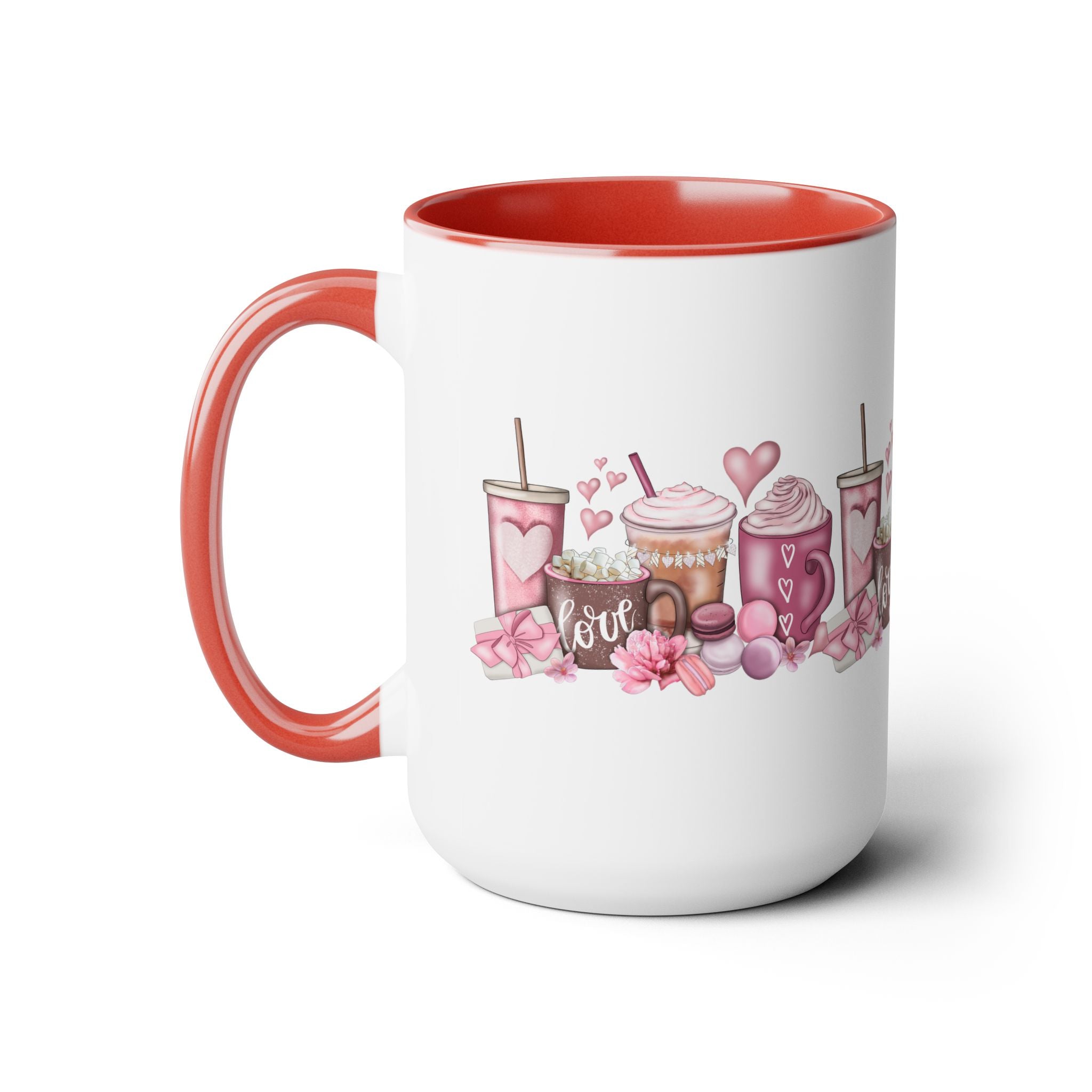 Love Coffee Two-Tone Coffee Mugs, 15oz #Coffee #HotCoffee HotCoffeeClothing.com #ValentinesDay