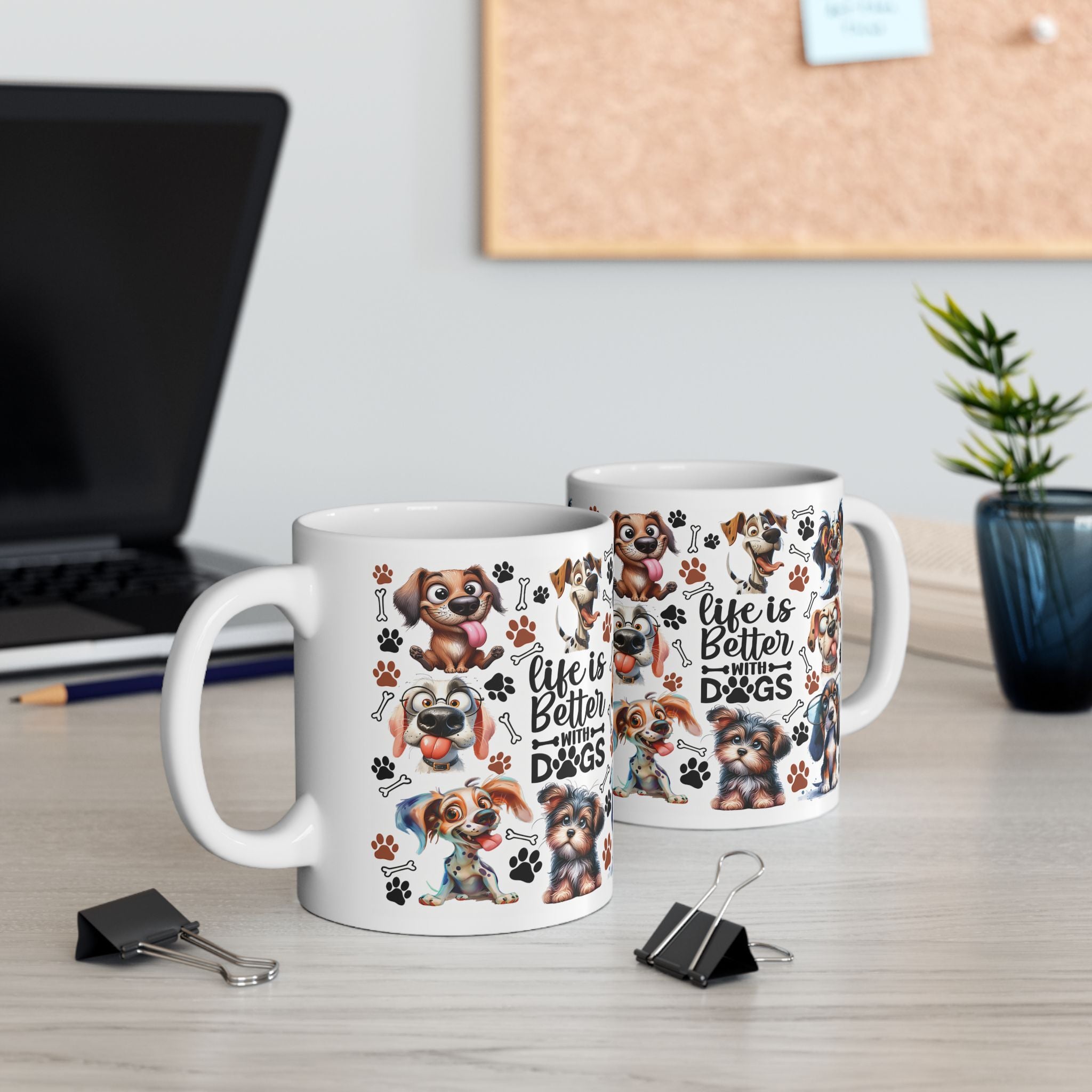 Cute Cartoon Puppies Ceramic Mug | Dog Paws Bones Pattern