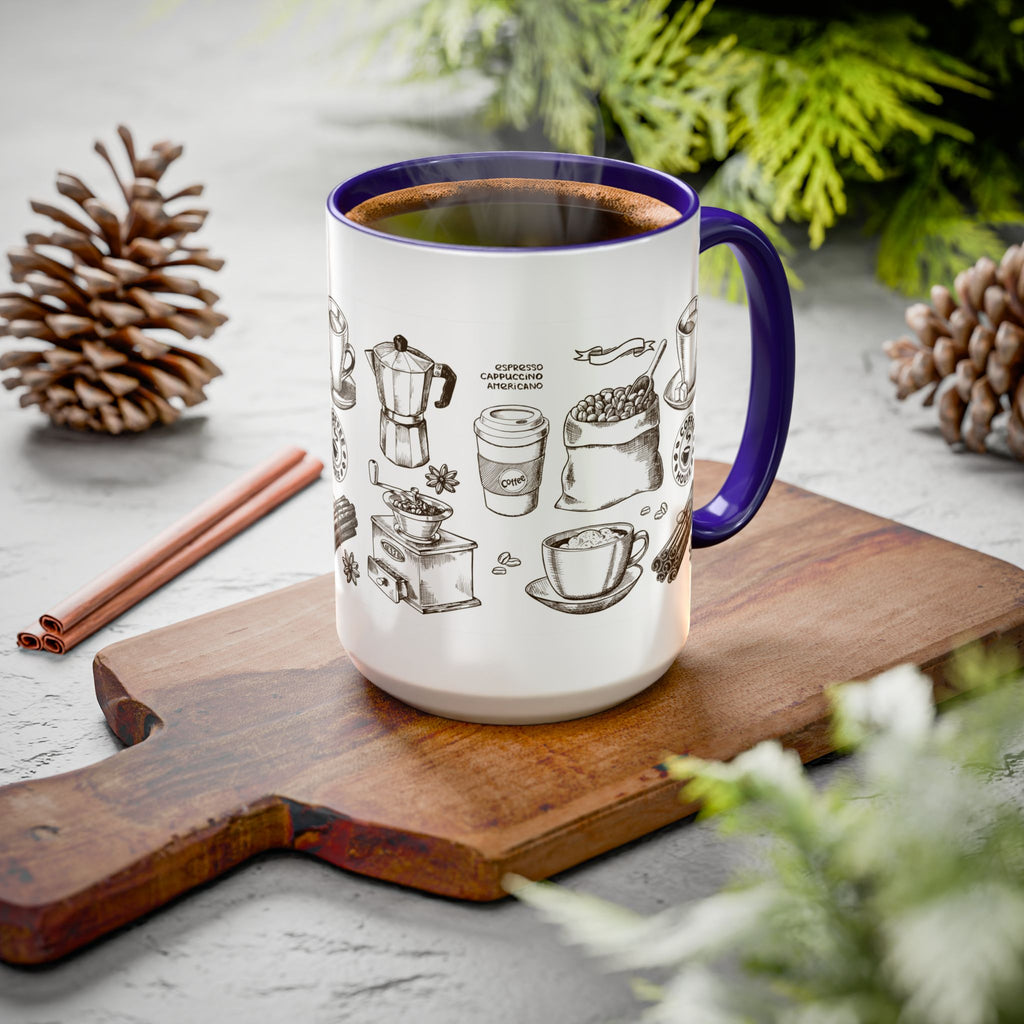 Coffee Pattern Mug — Illustrated Coffee Beans & Brewing Tools (11oz/15oz)