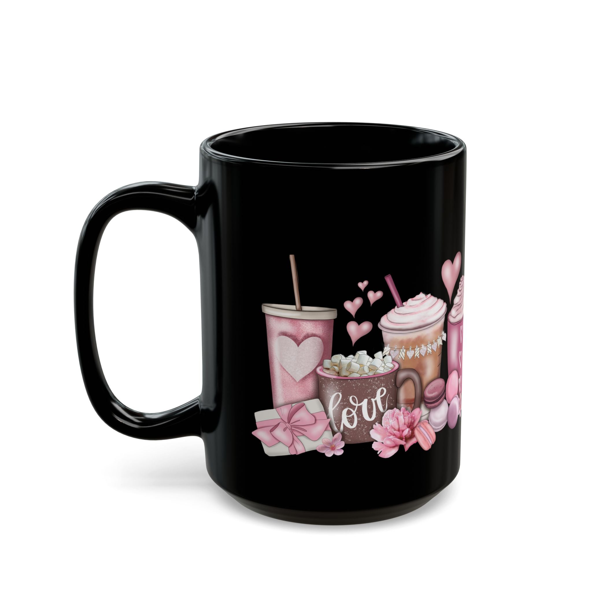 Valentine’s Coffee Love Black Mug — Pink Hot Chocolate & Cocoa Design (11oz/15oz)