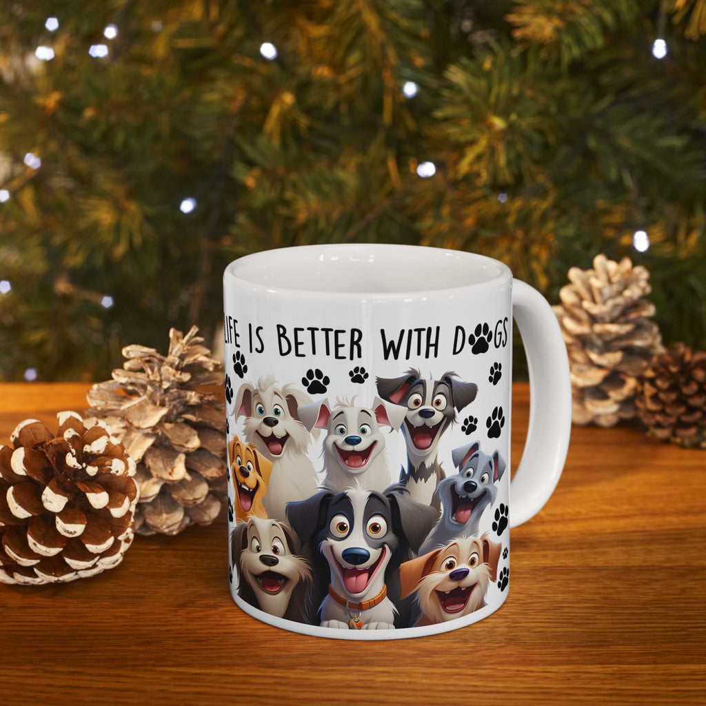 Happy Cartoon Dogs Life Is Better With Dogs Mug | Ceramic Coffee Cup