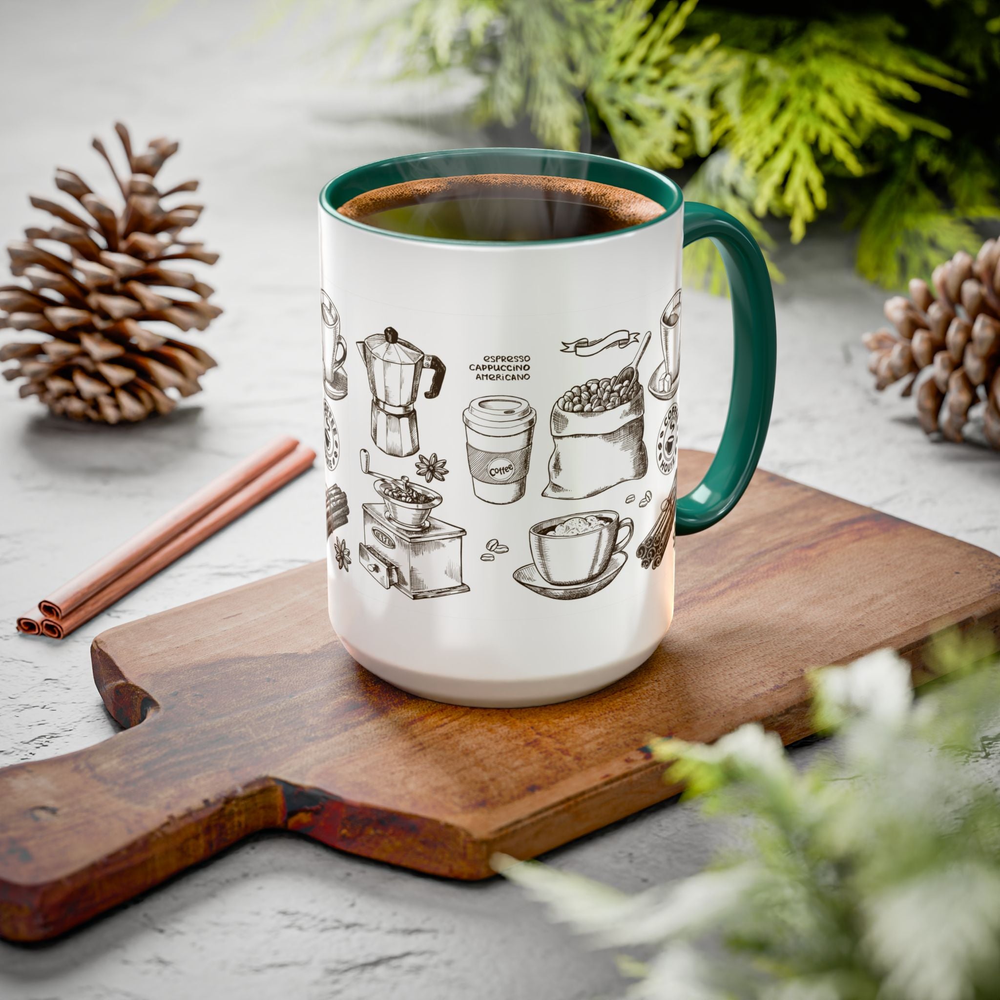 Coffee Pattern Mug — Illustrated Coffee Beans & Brewing Tools (11oz/15oz)