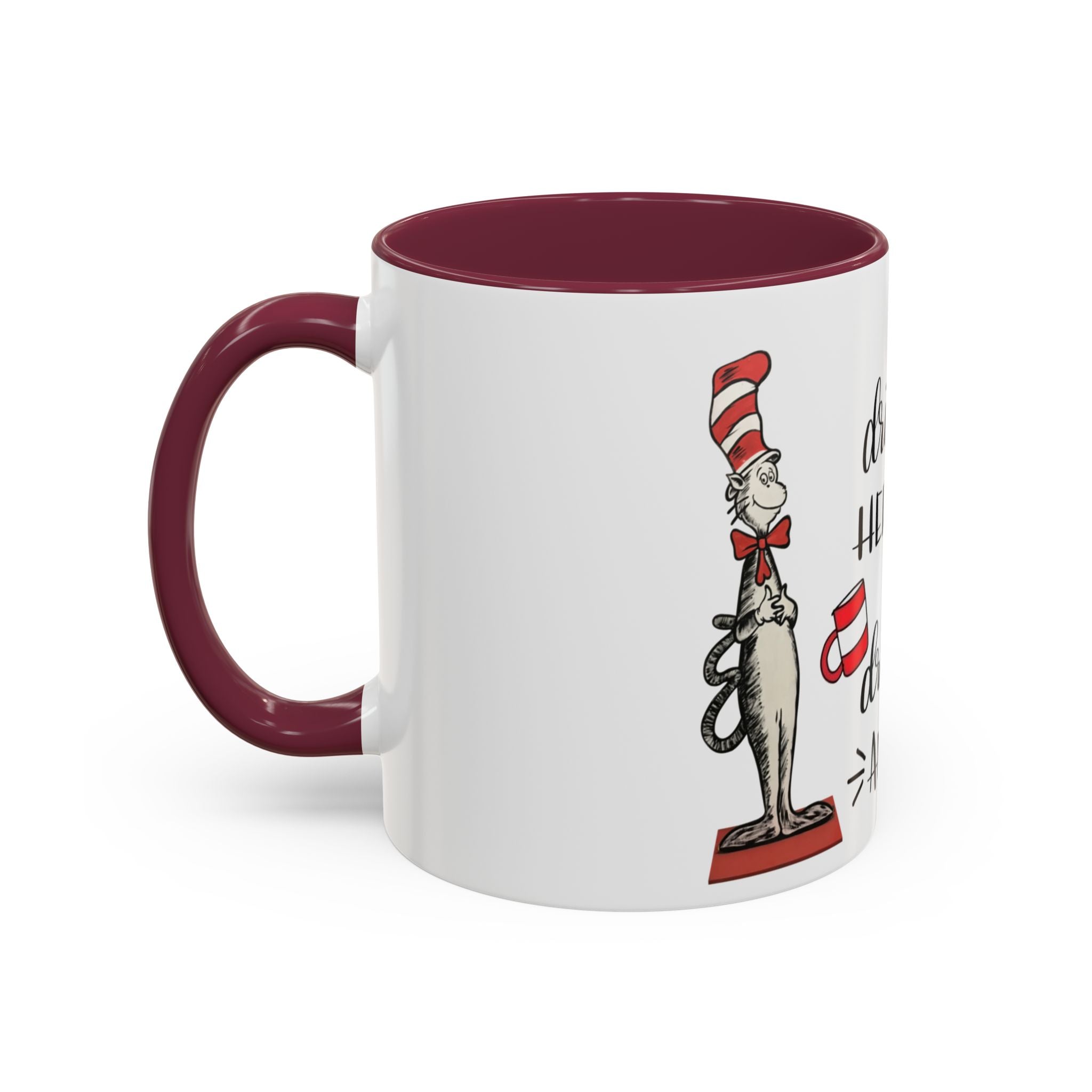 Cat in Hat Coffee Mug — "I Will Drink Coffee Here or There" 11/15oz Color Accent