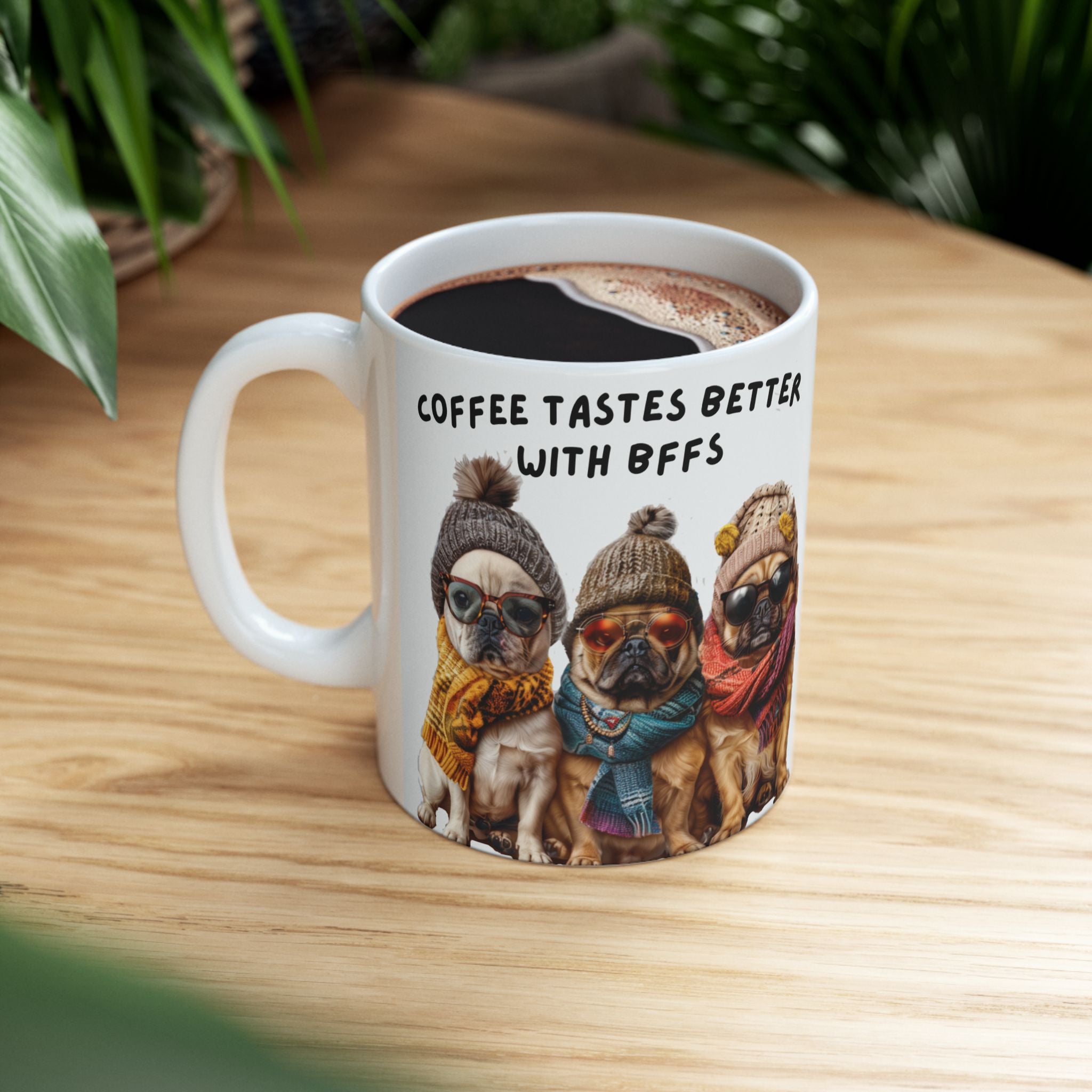 Coffee Tastes Better With Dogs Mug | Pug & Bulldog Winter Scarf Ceramic Mug