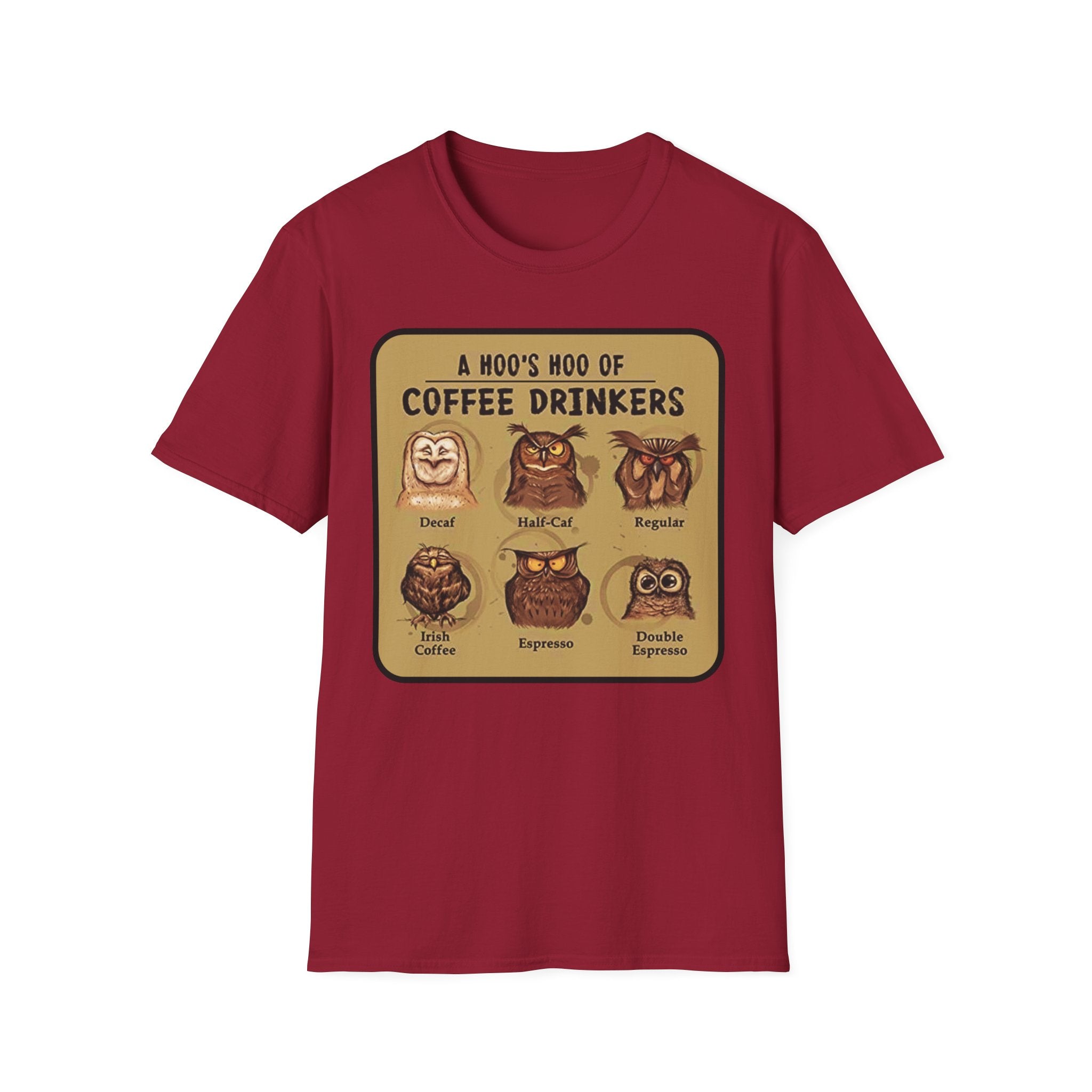 Coffee Owl Types T-Shirt | A Hoo's Hoo of Coffee Drinkers