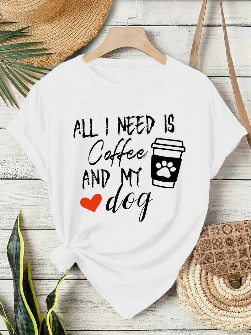 Short sleeved T-shirt with women's coffee and dog pattern round neck short sleeved shirt