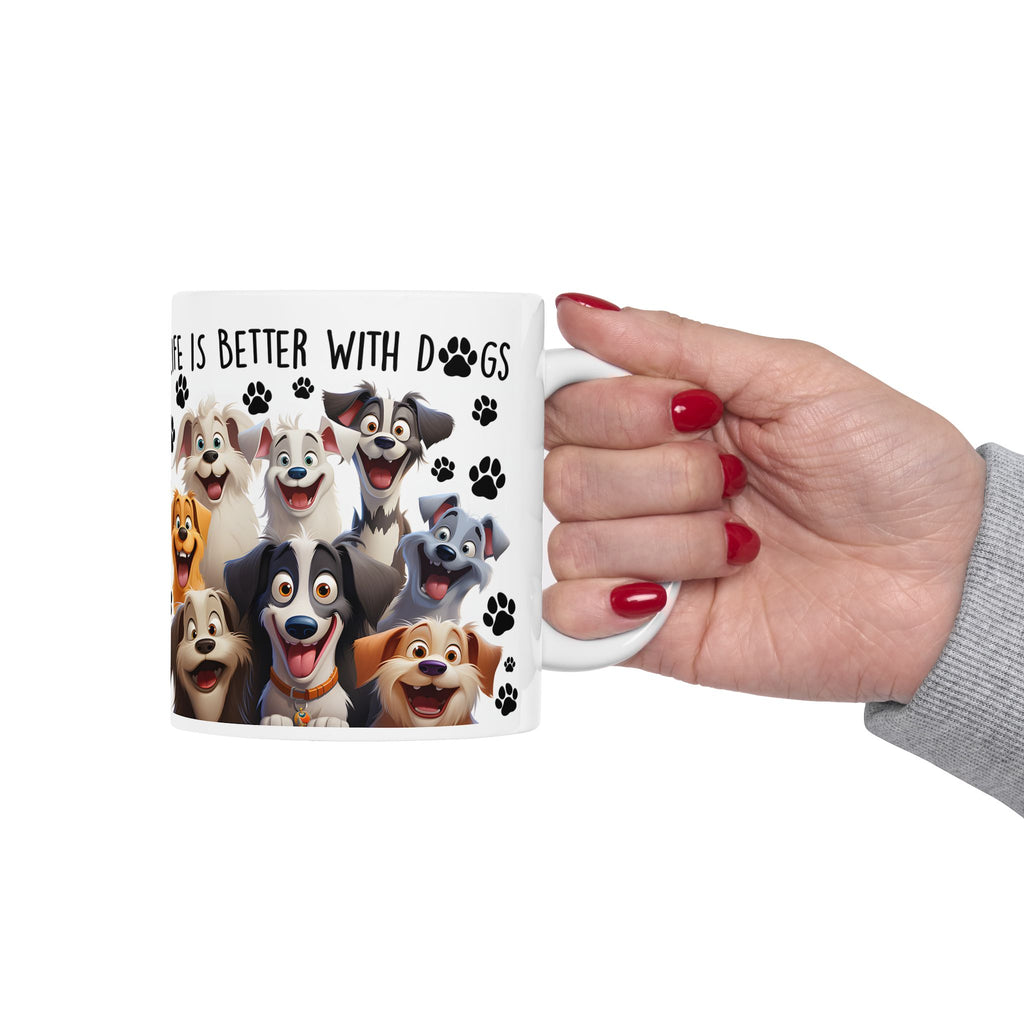 Happy Cartoon Dogs Life Is Better With Dogs Mug | Ceramic Coffee Cup