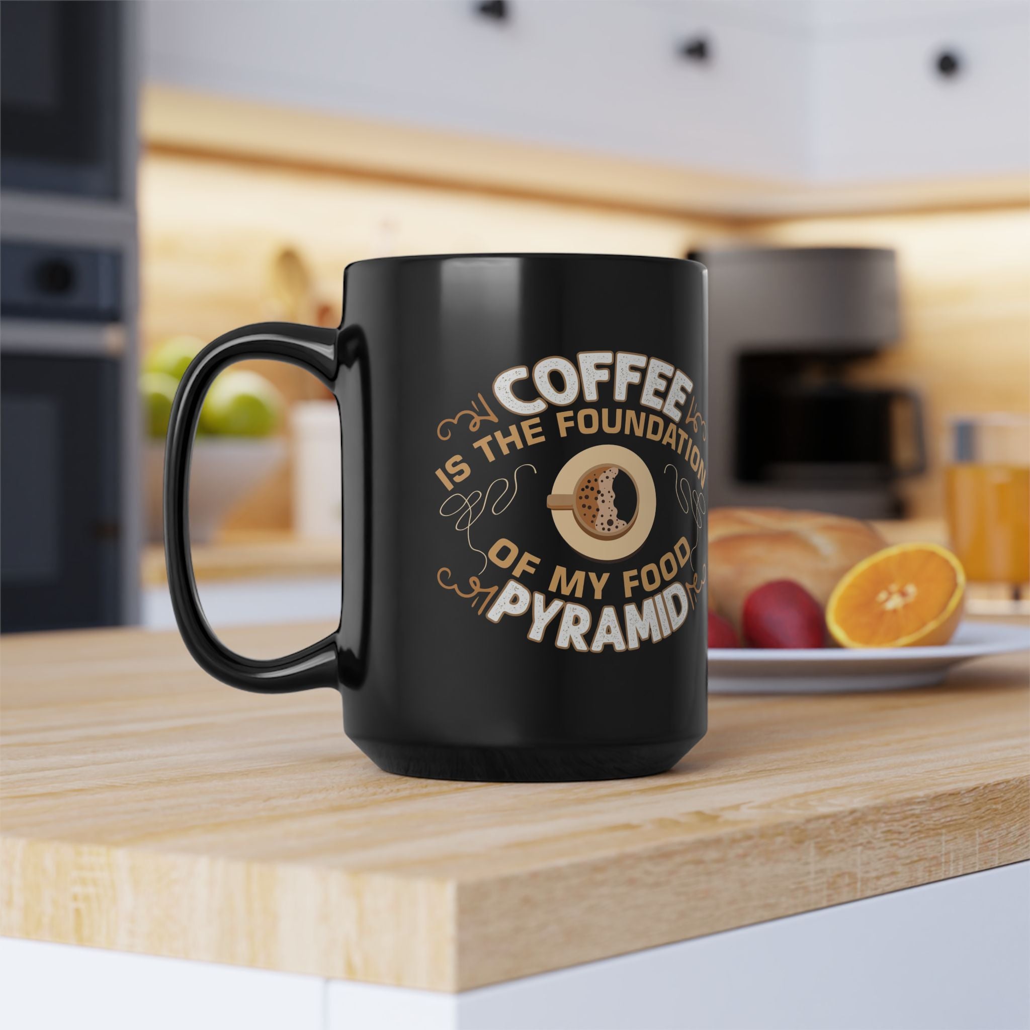 Coffee Is the Foundation of My Food Pyramid Black Mug — Funny Coffee Lover Gift (11oz/15oz)