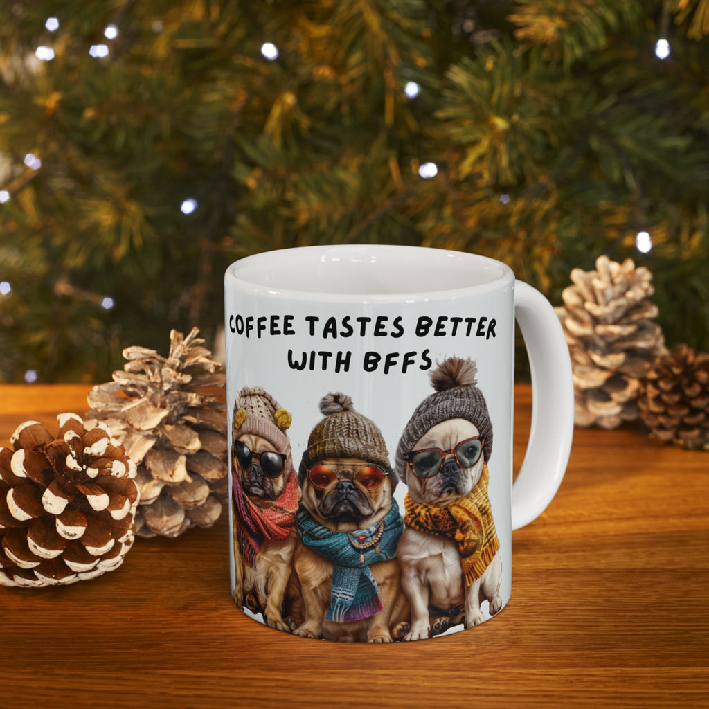 Coffee Mug — "Coffee Tastes Better With Pugs" Cute Pug Winter Beanie Ceramic Mug (11oz, 15oz)