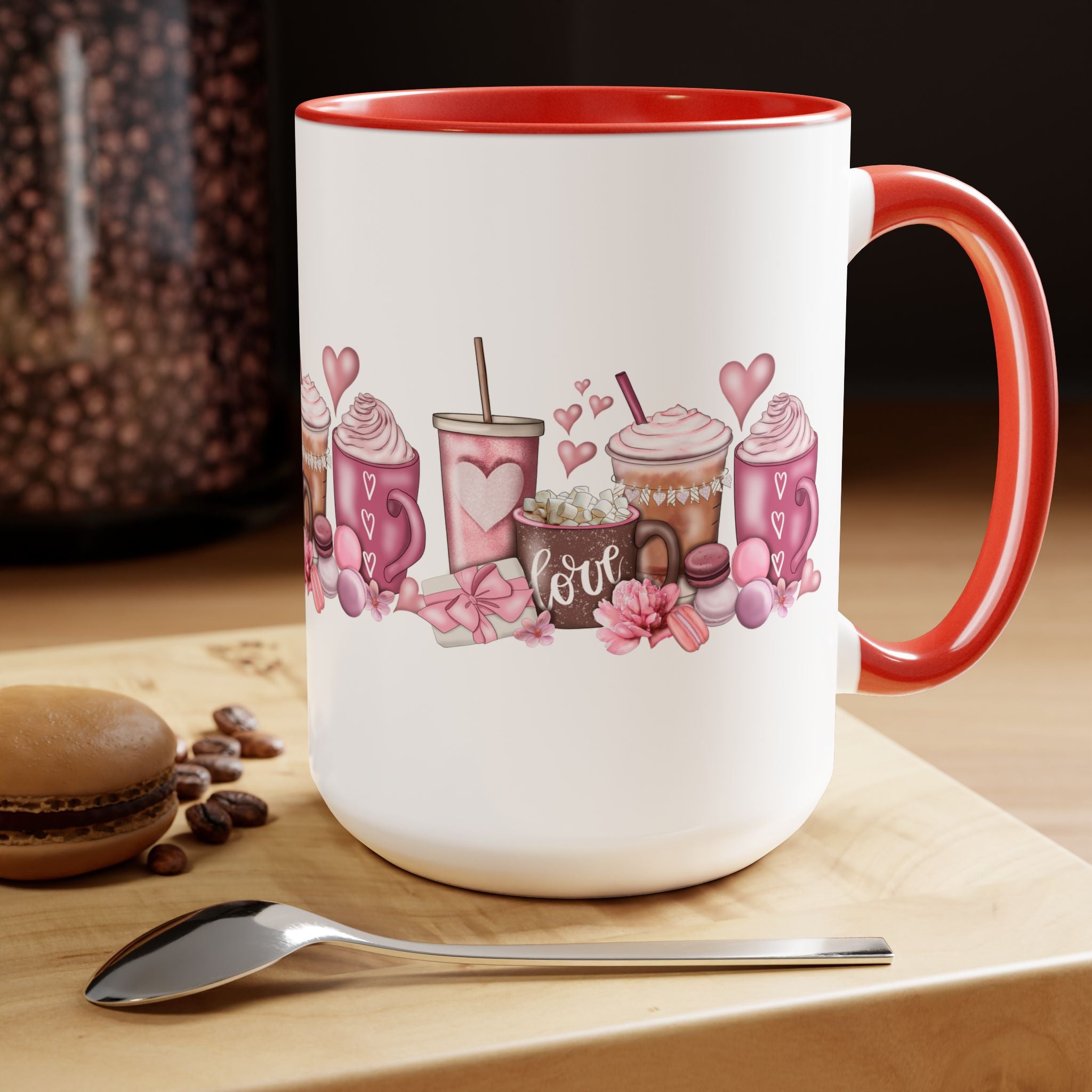 Love Coffee Two-Tone Coffee Mugs, 15oz #Coffee #HotCoffee HotCoffeeClothing.com #ValentinesDay