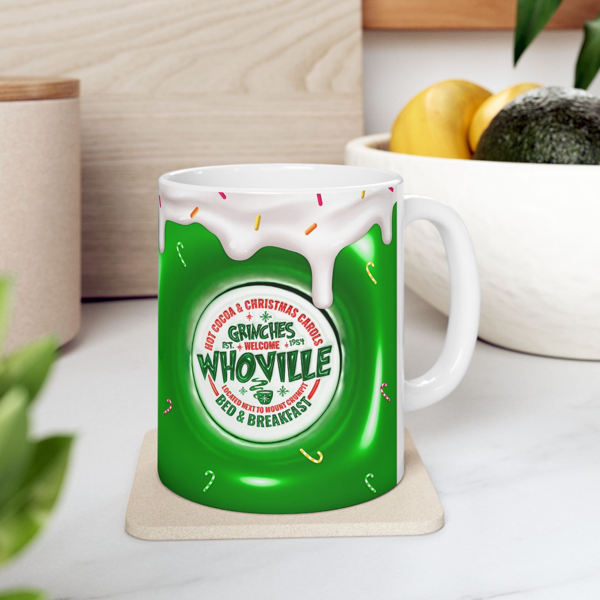 Whoville Christmas Dripping Frosting Mug | Holiday Green Candy Cane Ceramic Mug