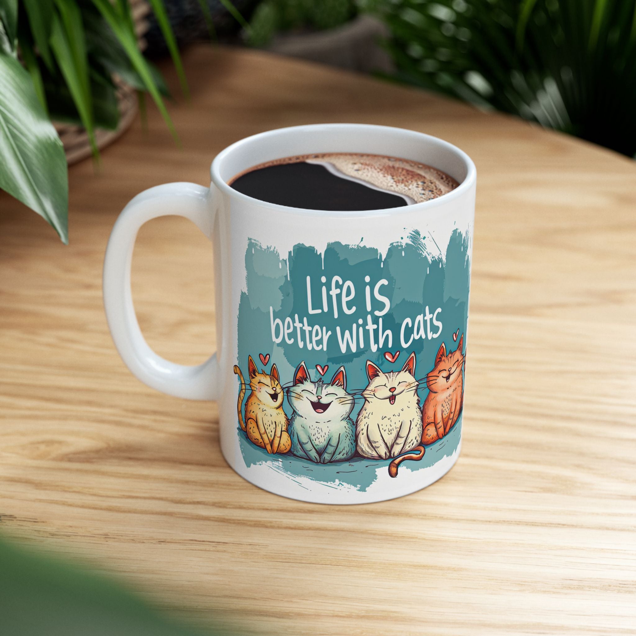 Life Is Better With Cats Mug | Cute Trio Cat Illustration Ceramic Mug