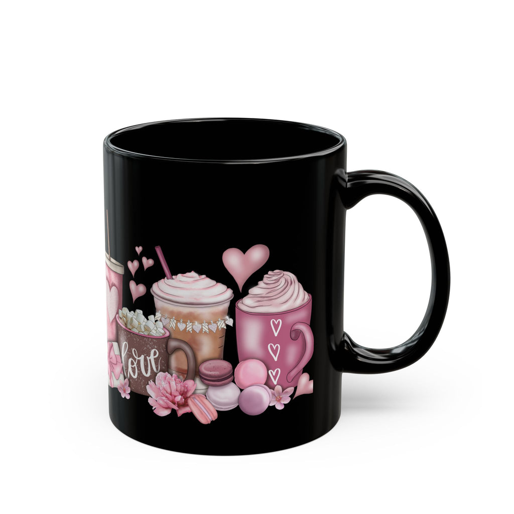 Valentine’s Coffee Love Black Mug — Pink Hot Chocolate & Cocoa Design (11oz/15oz)