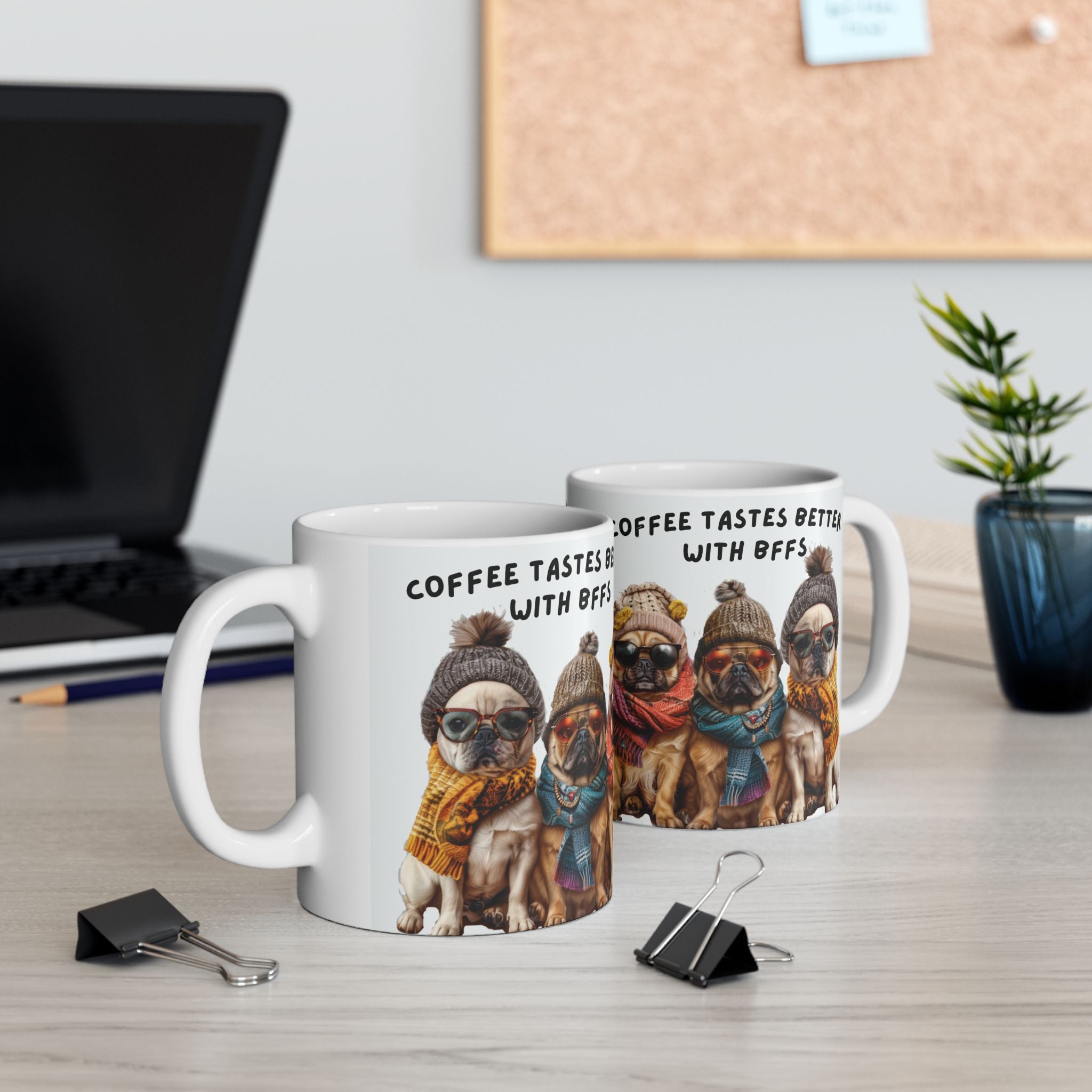 Coffee Tastes Better With Dogs Mug | Pug & Bulldog Winter Scarf Ceramic Mug