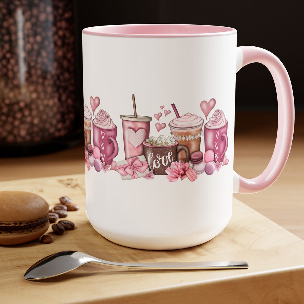 Love Coffee Two-Tone Coffee Mugs, 15oz #Coffee #HotCoffee HotCoffeeClothing.com #ValentinesDay