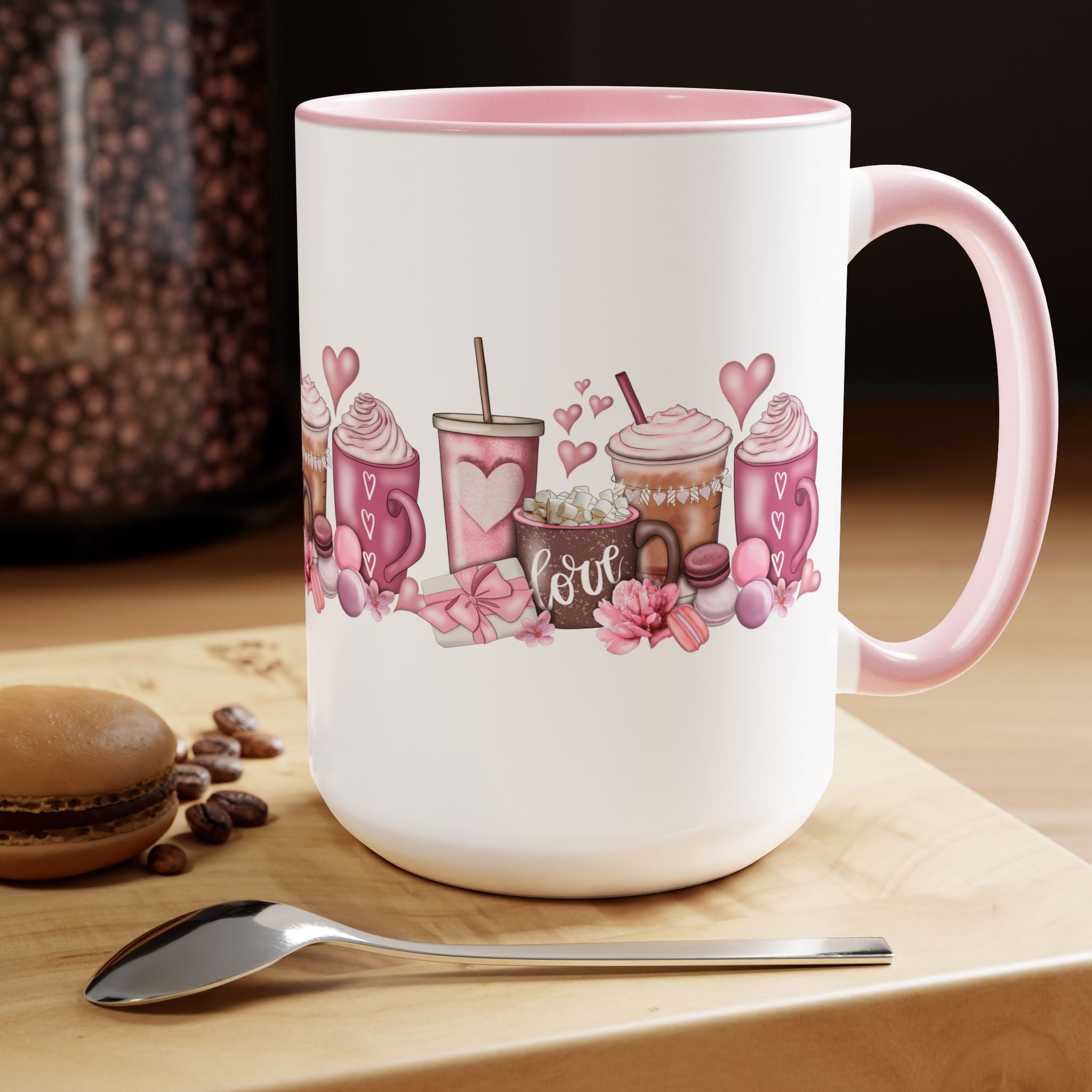 Love Coffee Two-Tone Coffee Mugs, 15oz #Coffee #HotCoffee HotCoffeeClothing.com #ValentinesDay