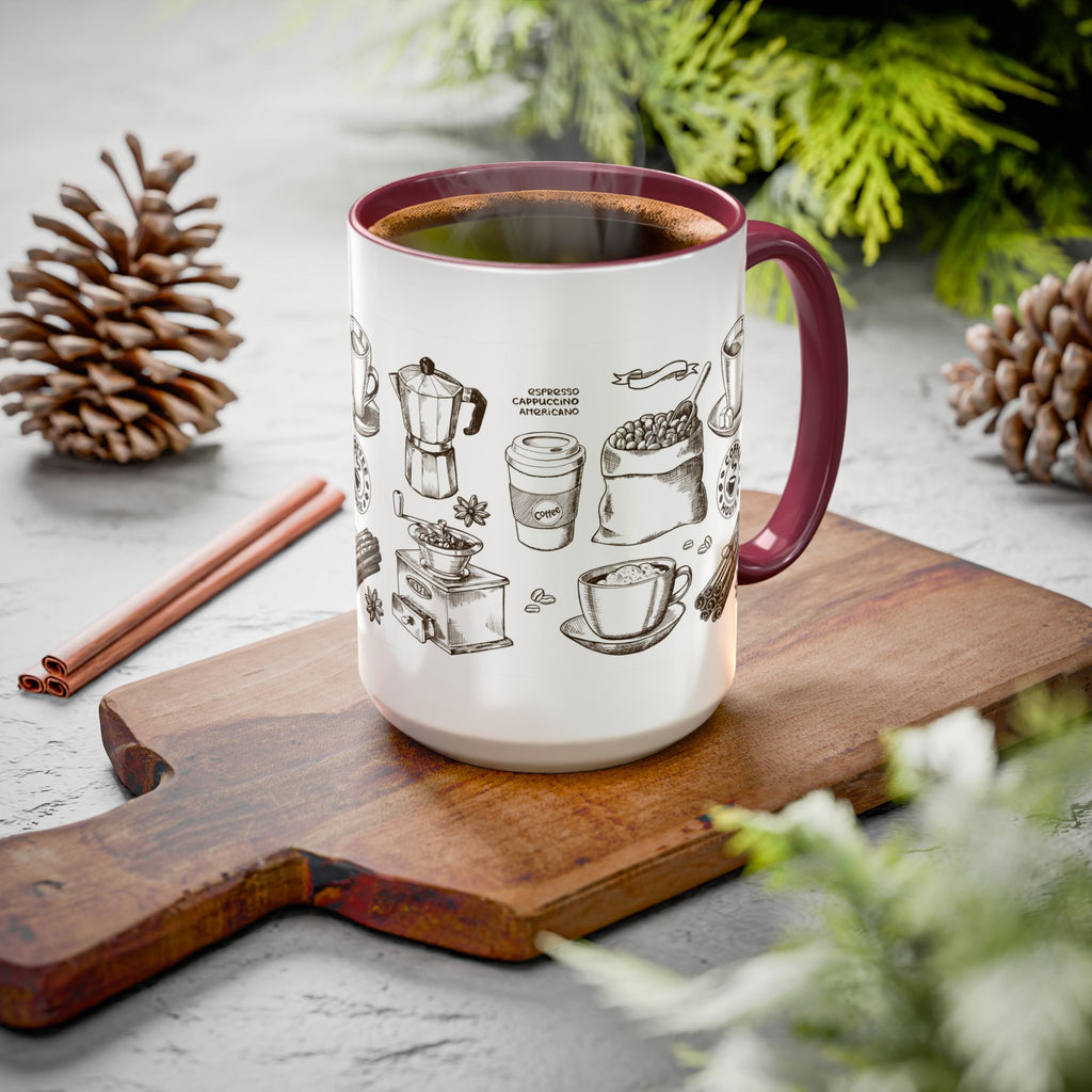 Coffee Pattern Mug — Illustrated Coffee Beans & Brewing Tools (11oz/15oz)