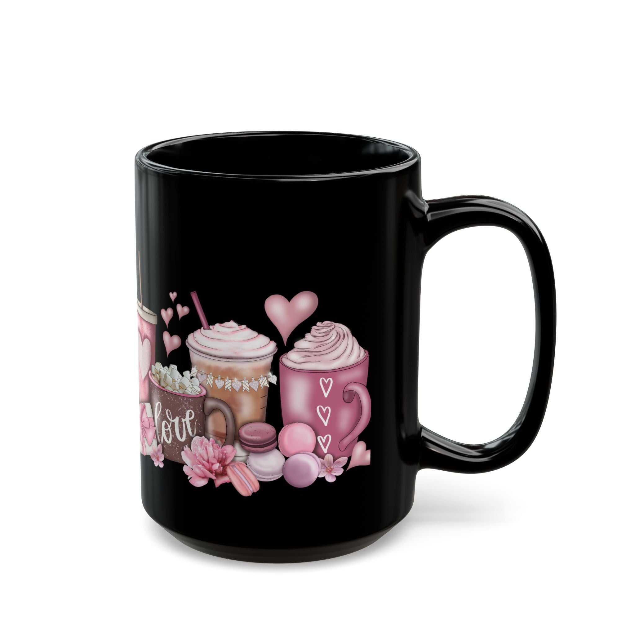 Valentine’s Coffee Love Black Mug — Pink Hot Chocolate & Cocoa Design (11oz/15oz)