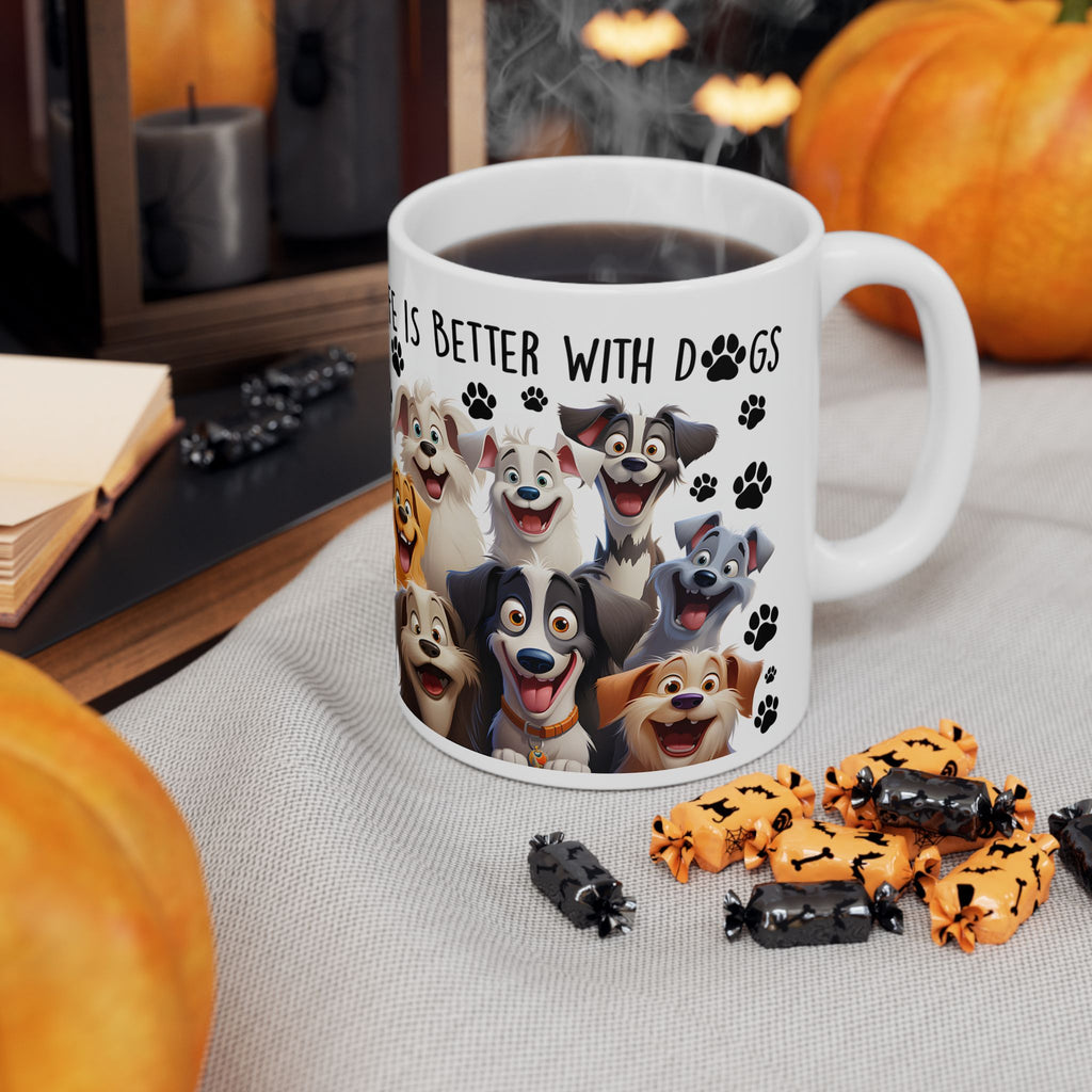 Happy Cartoon Dogs Life Is Better With Dogs Mug | Ceramic Coffee Cup