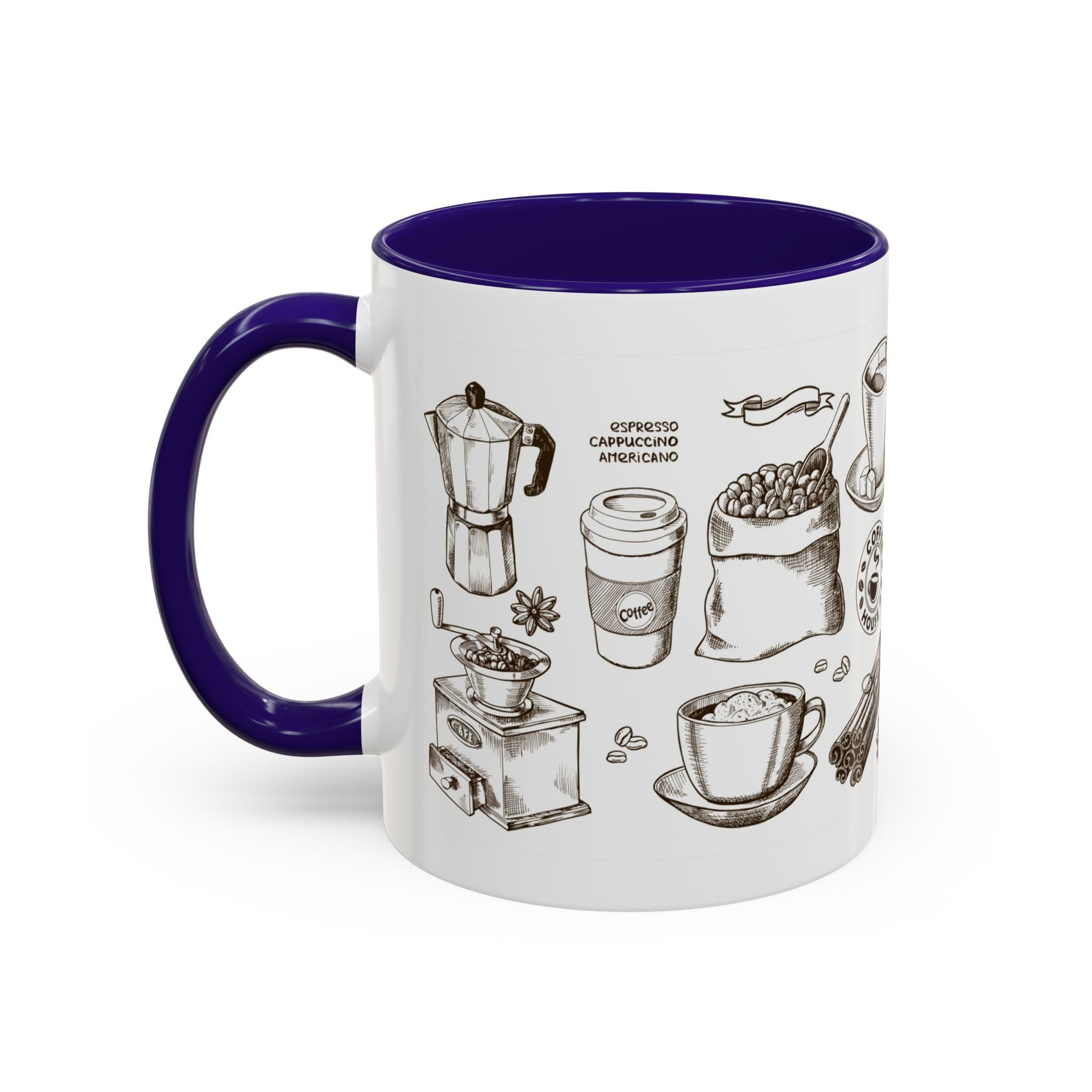 Coffee Pattern Mug — Illustrated Coffee Beans & Brewing Tools (11oz/15oz)