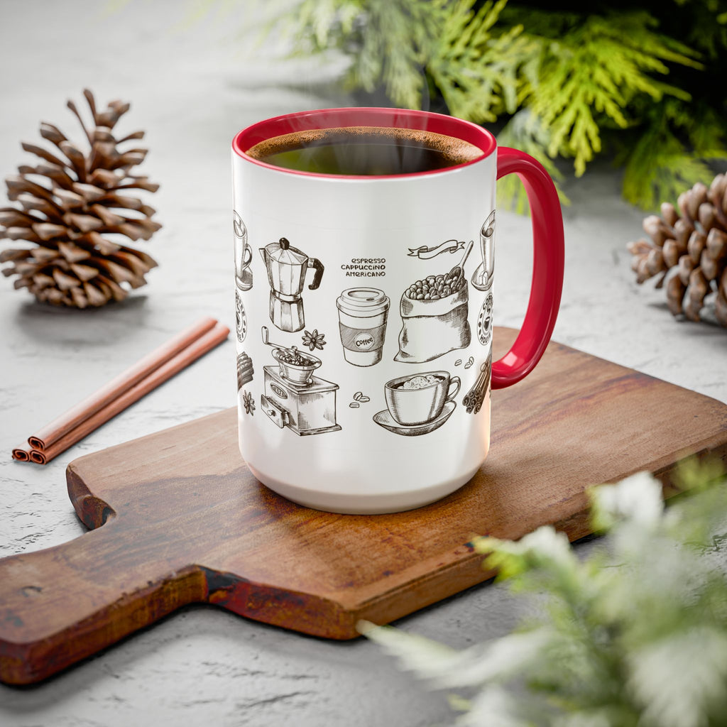 Coffee Pattern Mug — Illustrated Coffee Beans & Brewing Tools (11oz/15oz)