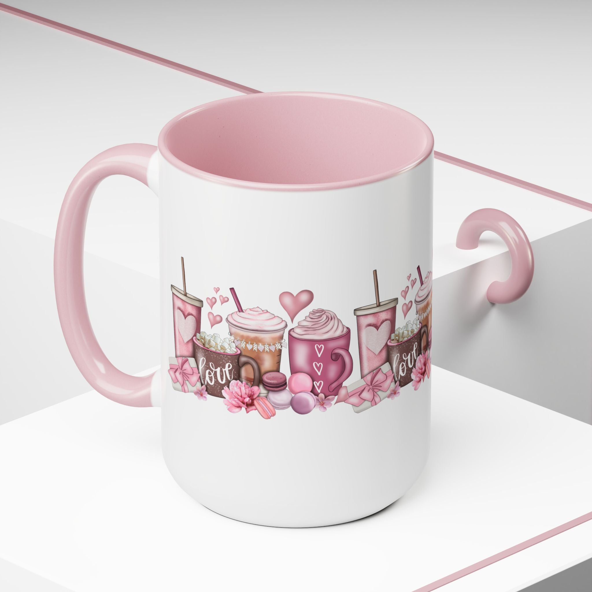 Love Coffee Two-Tone Coffee Mugs, 15oz #Coffee #HotCoffee HotCoffeeClothing.com #ValentinesDay