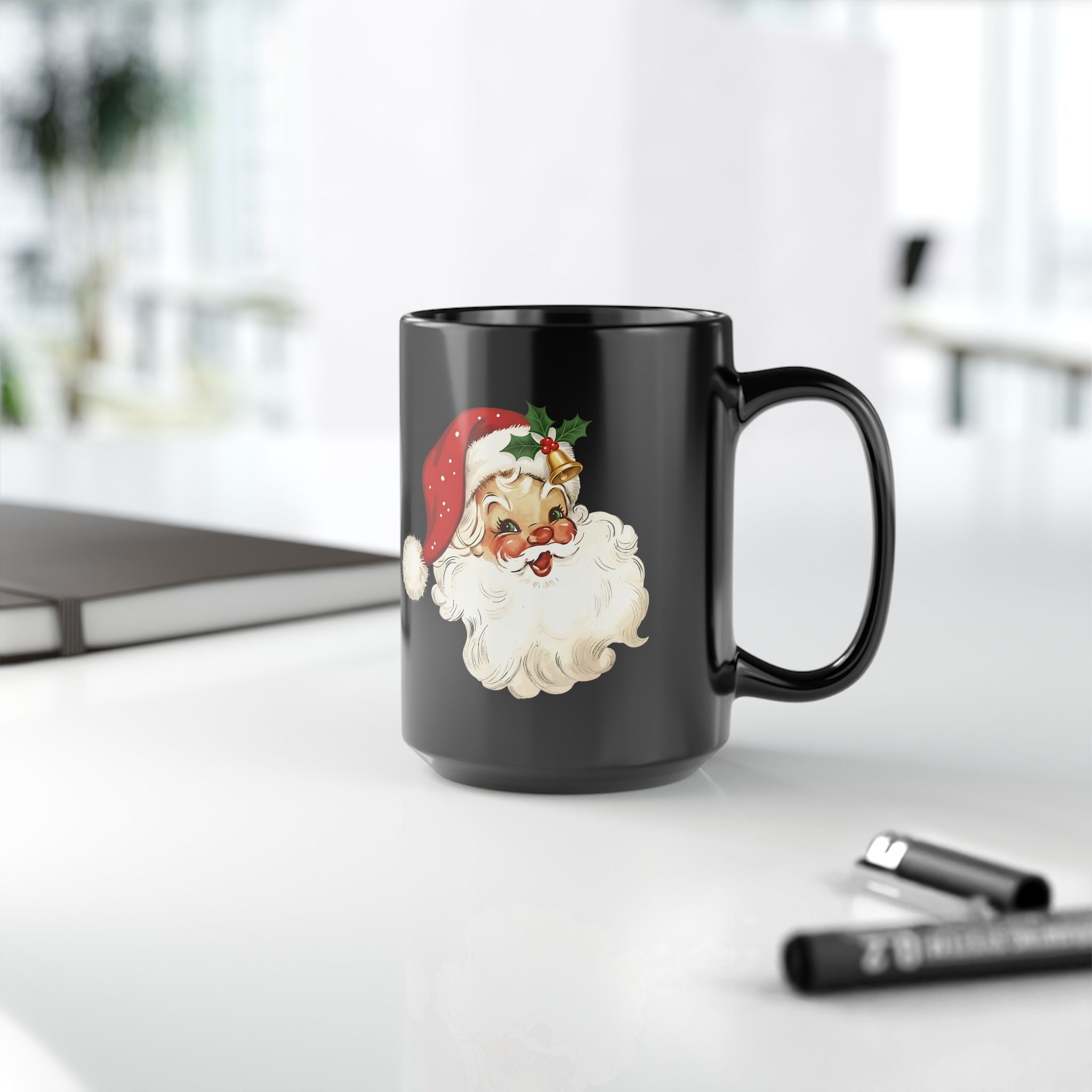 Santa Claus Black Mug - Holiday Coffee Cup, Gift for Christmas, Cute Mug for Winter Celebrations, Festive Drinkware, Santa Face Design