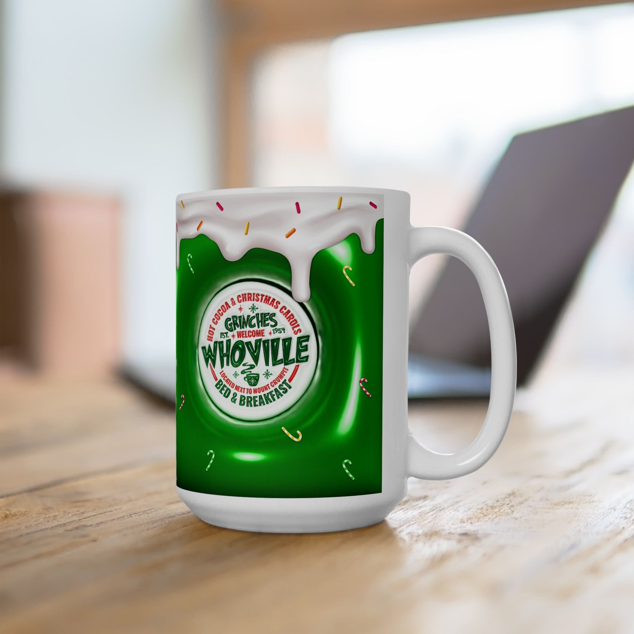 Whoville Christmas Dripping Frosting Mug | Holiday Green Candy Cane Ceramic Mug