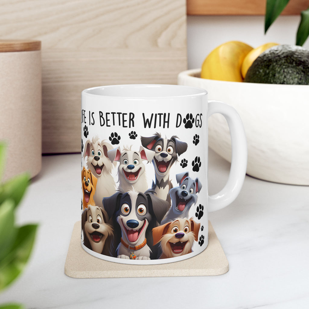 Happy Cartoon Dogs Life Is Better With Dogs Mug | Ceramic Coffee Cup