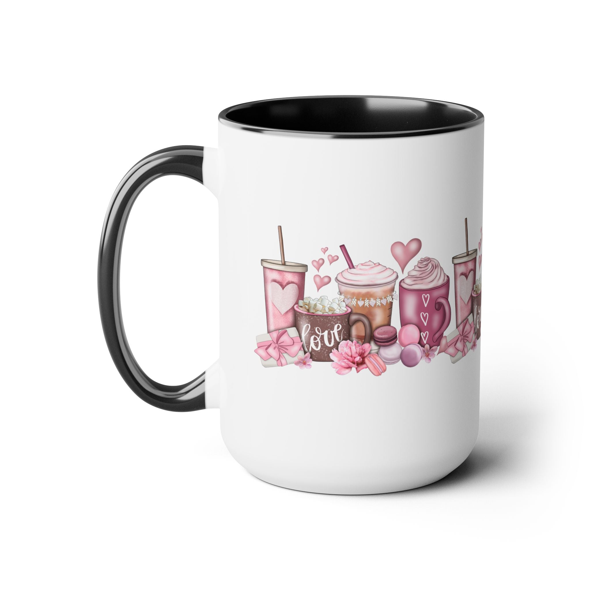 Love Coffee Two-Tone Coffee Mugs, 15oz #Coffee #HotCoffee HotCoffeeClothing.com #ValentinesDay