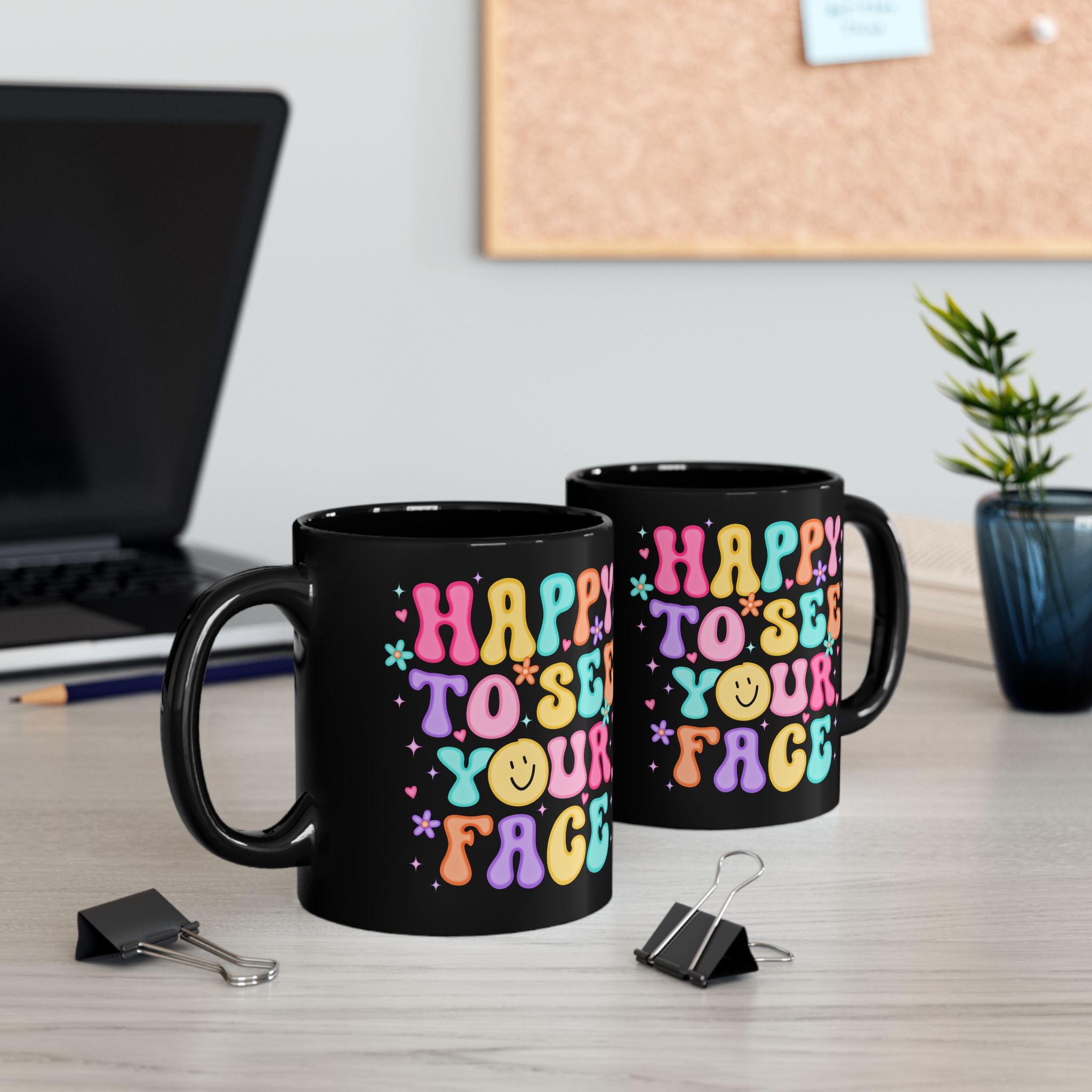 Happy Face Mug - Colorful Black Coffee Cup, Cute Gift for Friends, Cheerful Home Decor, Ideal for Birthdays, Celebrations, and More!