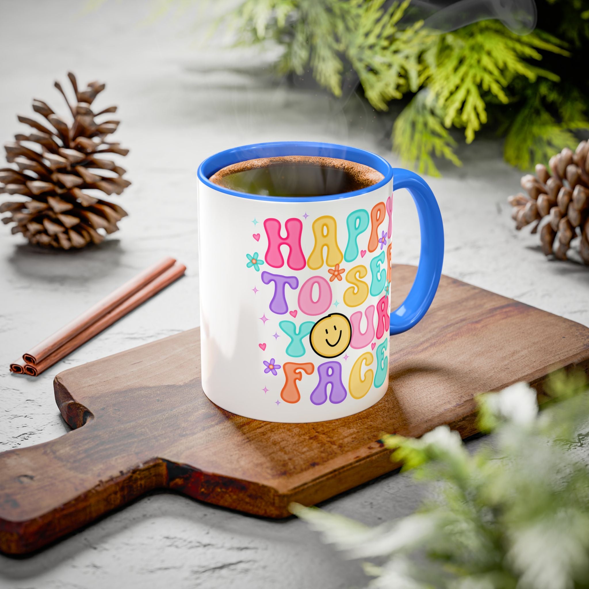 Happy To See Your Face Colorful Coffee Mug — Retro Smiley 11oz/15oz