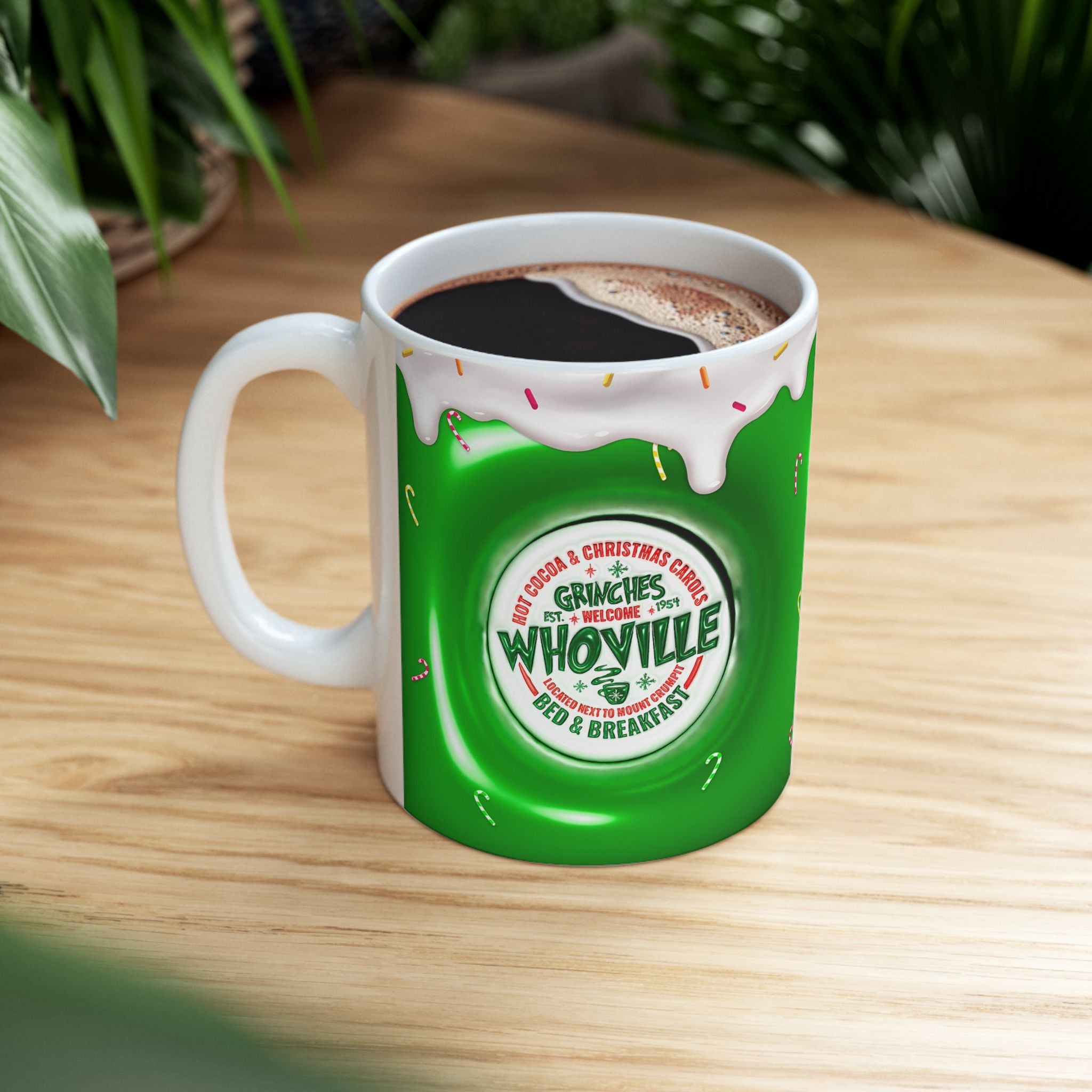 Whoville Christmas Dripping Frosting Mug | Holiday Green Candy Cane Ceramic Mug