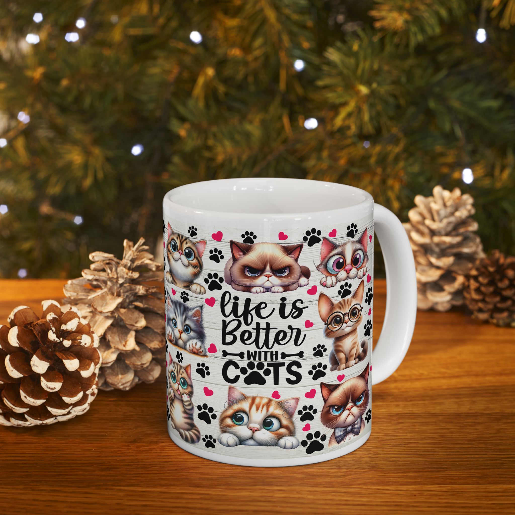 Cute Kawaii Cats Pattern Mug | Cat Paw Prints Ceramic Coffee Cup