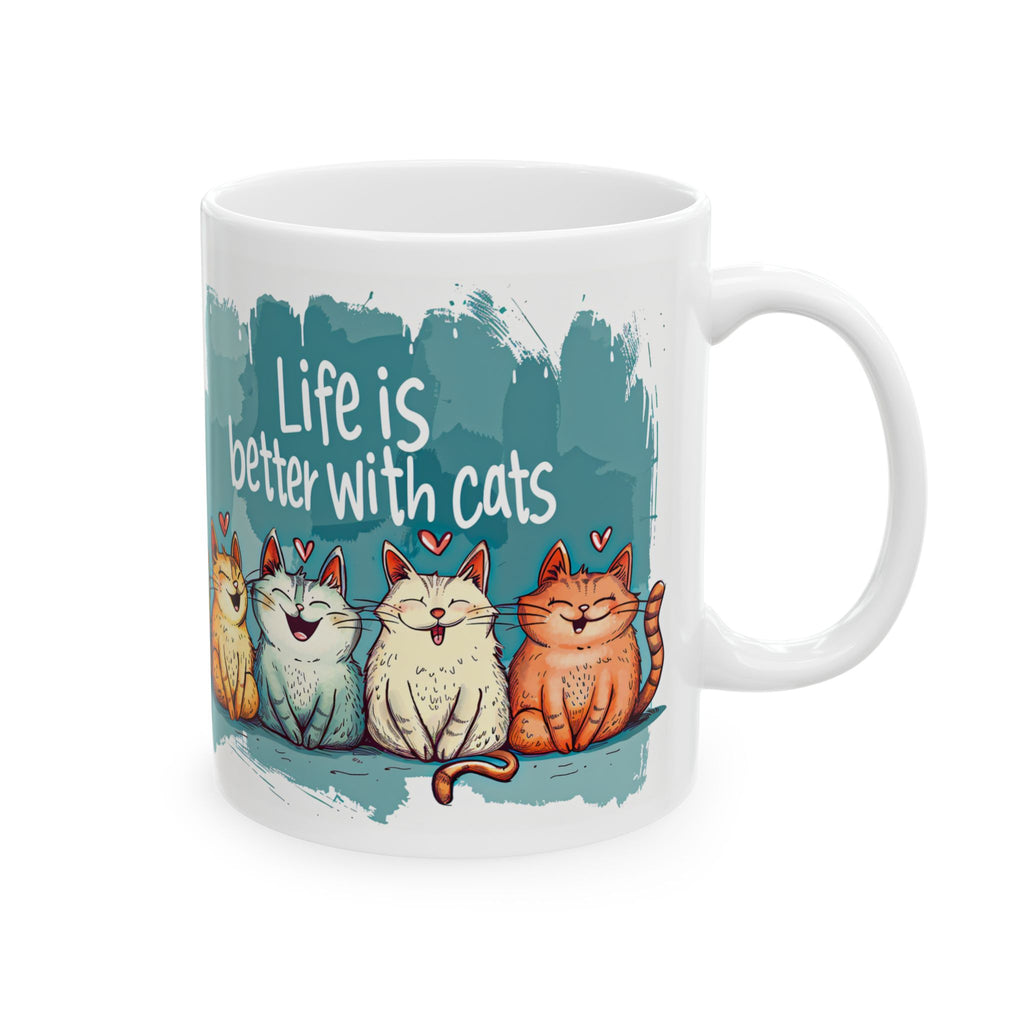 Life Is Better With Cats Mug | Cute Trio Cat Illustration Ceramic Mug
