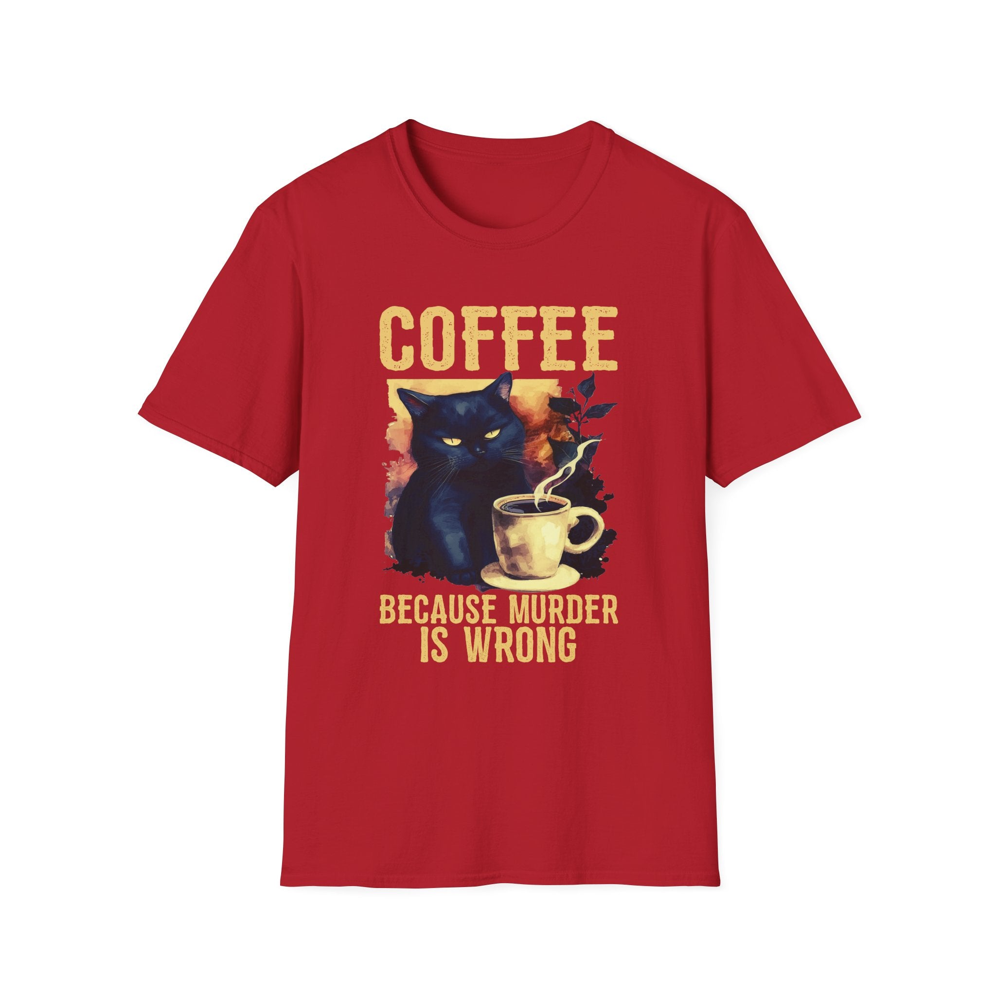Coffee Because Murder Is Wrong T-Shirt | Black Cat Coffee Tee