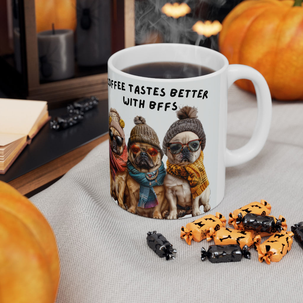 Coffee Mug — "Coffee Tastes Better With Pugs" Cute Pug Winter Beanie Ceramic Mug (11oz, 15oz)